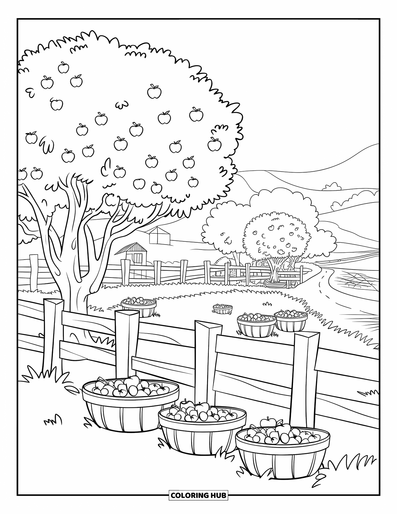 September Coloring Page for Kids: Apple farm with trees, baskets, and a winding road in the distance