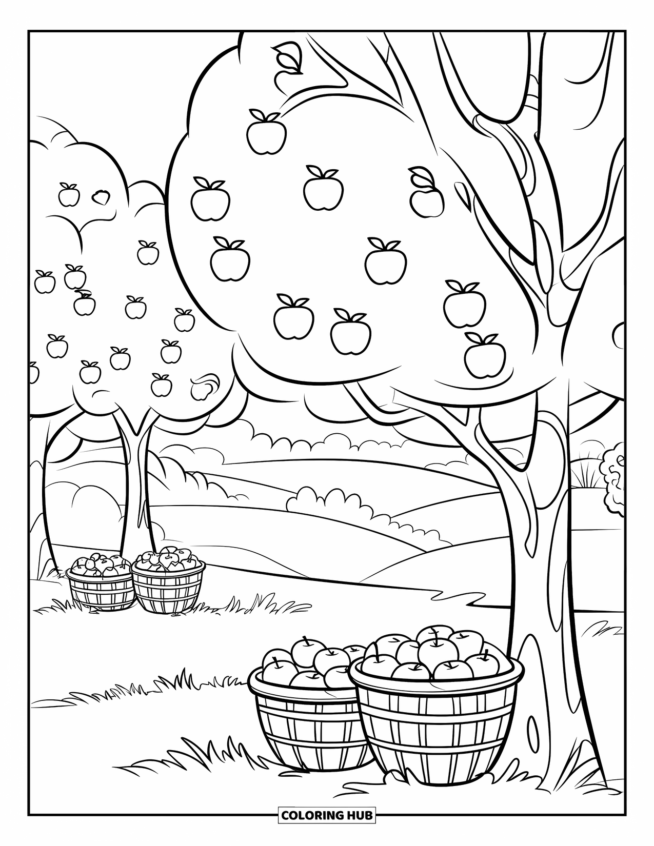 September Coloring Page for Kids: Apple trees and baskets on a peaceful farm landscape