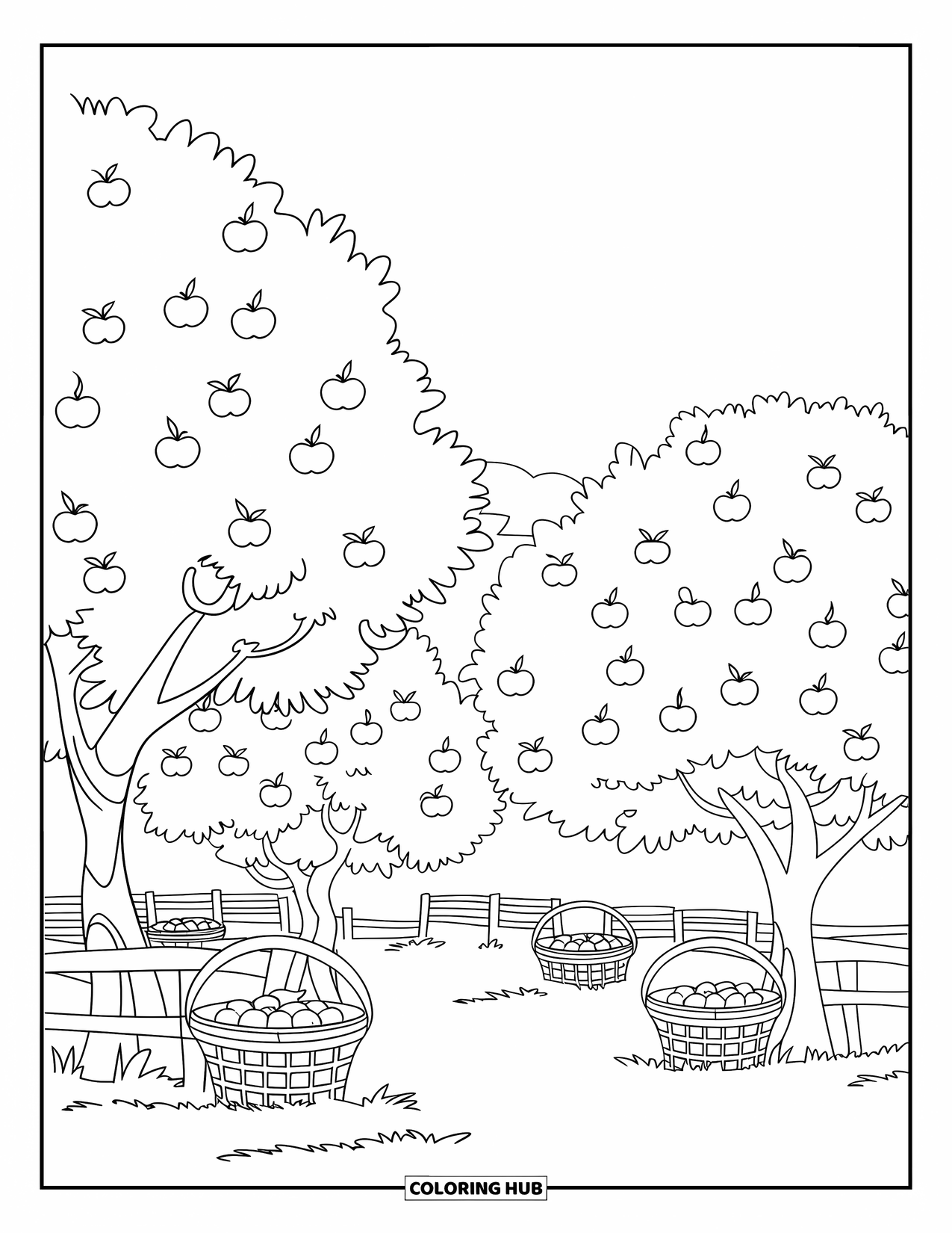 September Coloring Page for Kids: Apple trees with baskets scattered on a fenced farm
