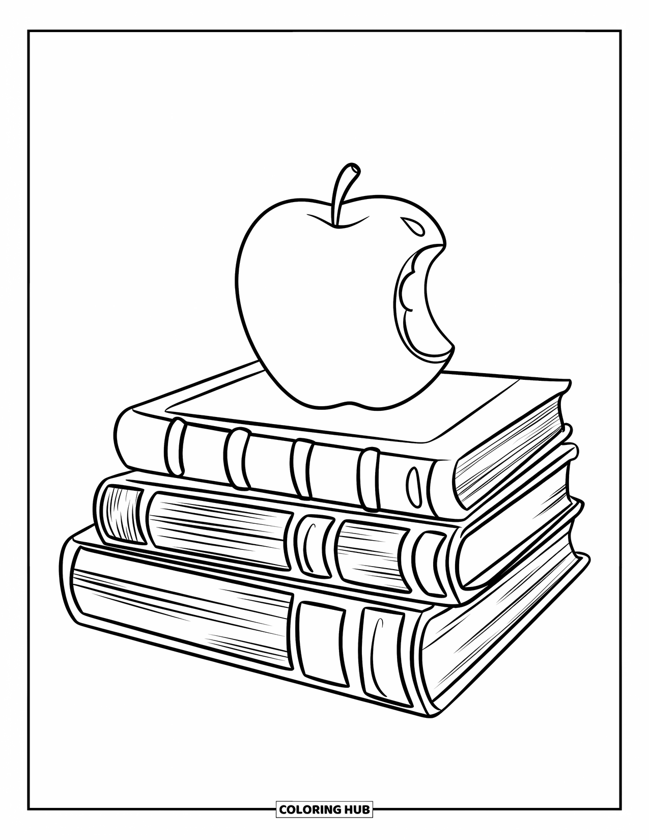 September Coloring Page for Kids: Apple with a bite on a stack of patterned books