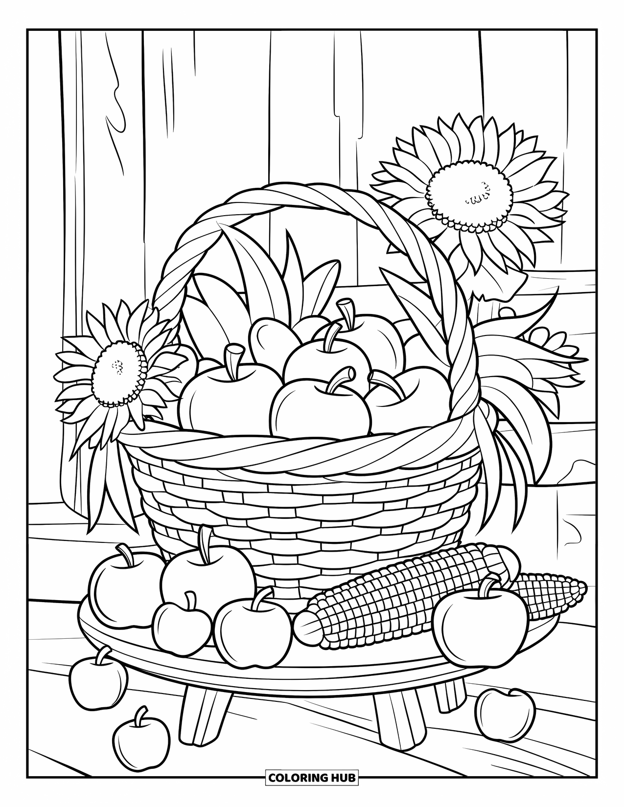 September Coloring Page for Kids: Apples, corn, and sunflowers fill a harvest basket on a wooden stand