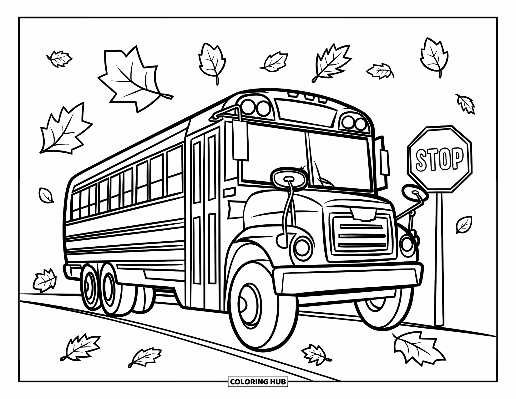September Coloring Page for Kids: Big school bus with a stop sign surrounded by falling autumn leaves