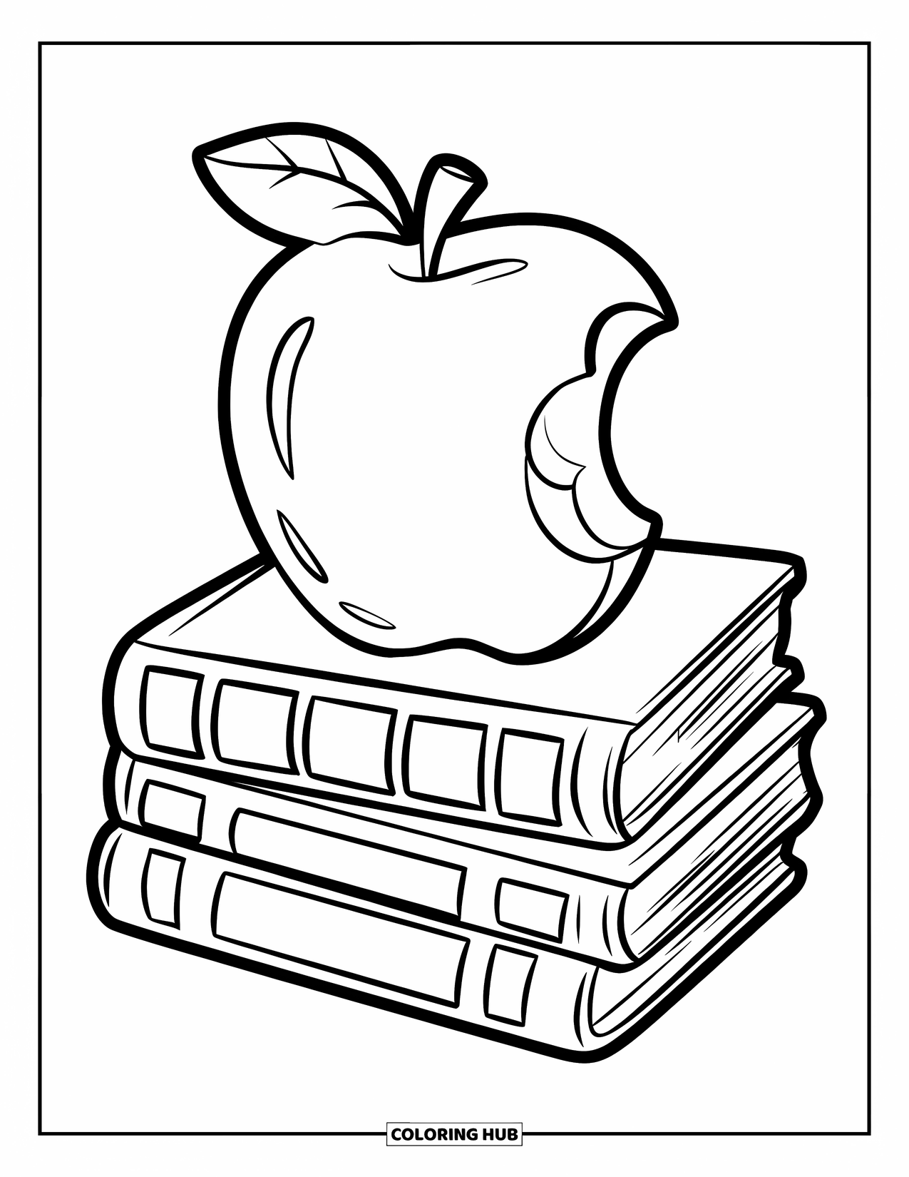 September Coloring Page for Kids: Books with lettering and an apple on top with a nearby leaf