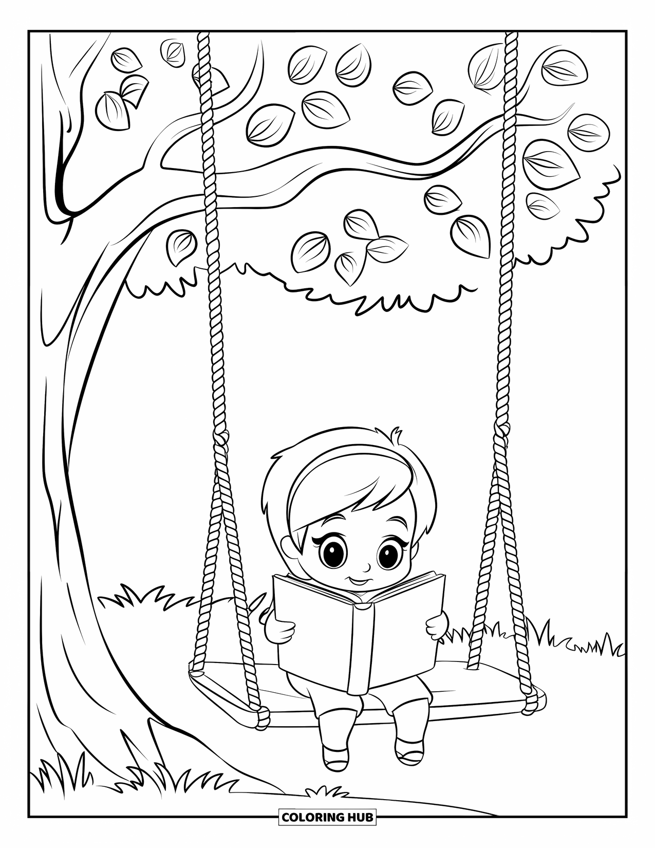 September Coloring Page for Kids: Chibi child reading on a macrame swing beneath a leafy tree