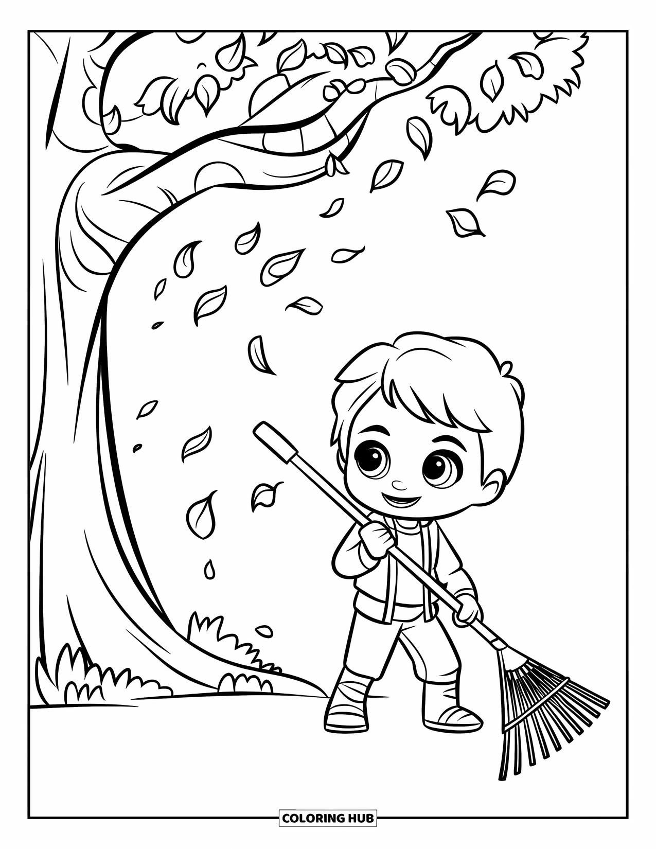 September Coloring Page for Kids: Child with a rake standing under a leaf-dropping tree