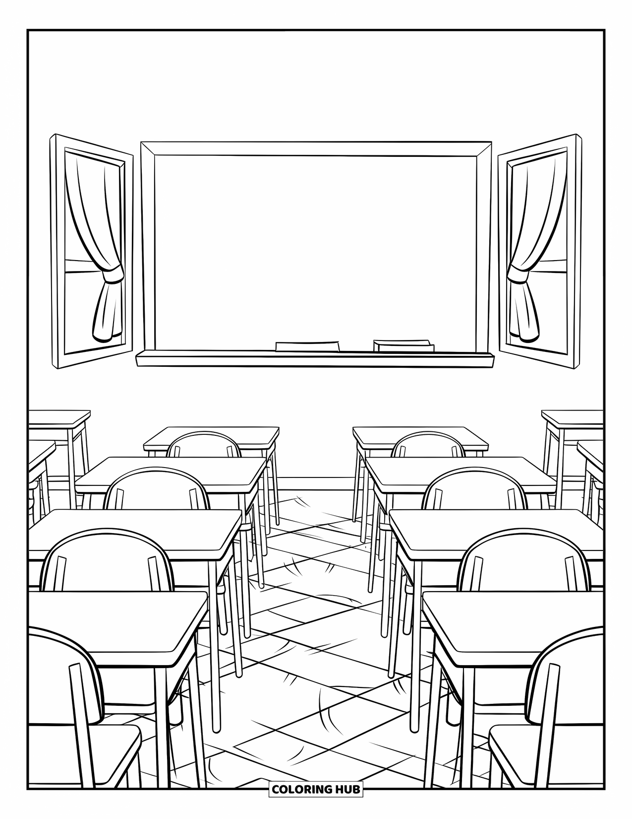 September Coloring Page for Kids: Classroom with desks, chalkboard, and windows filled with light