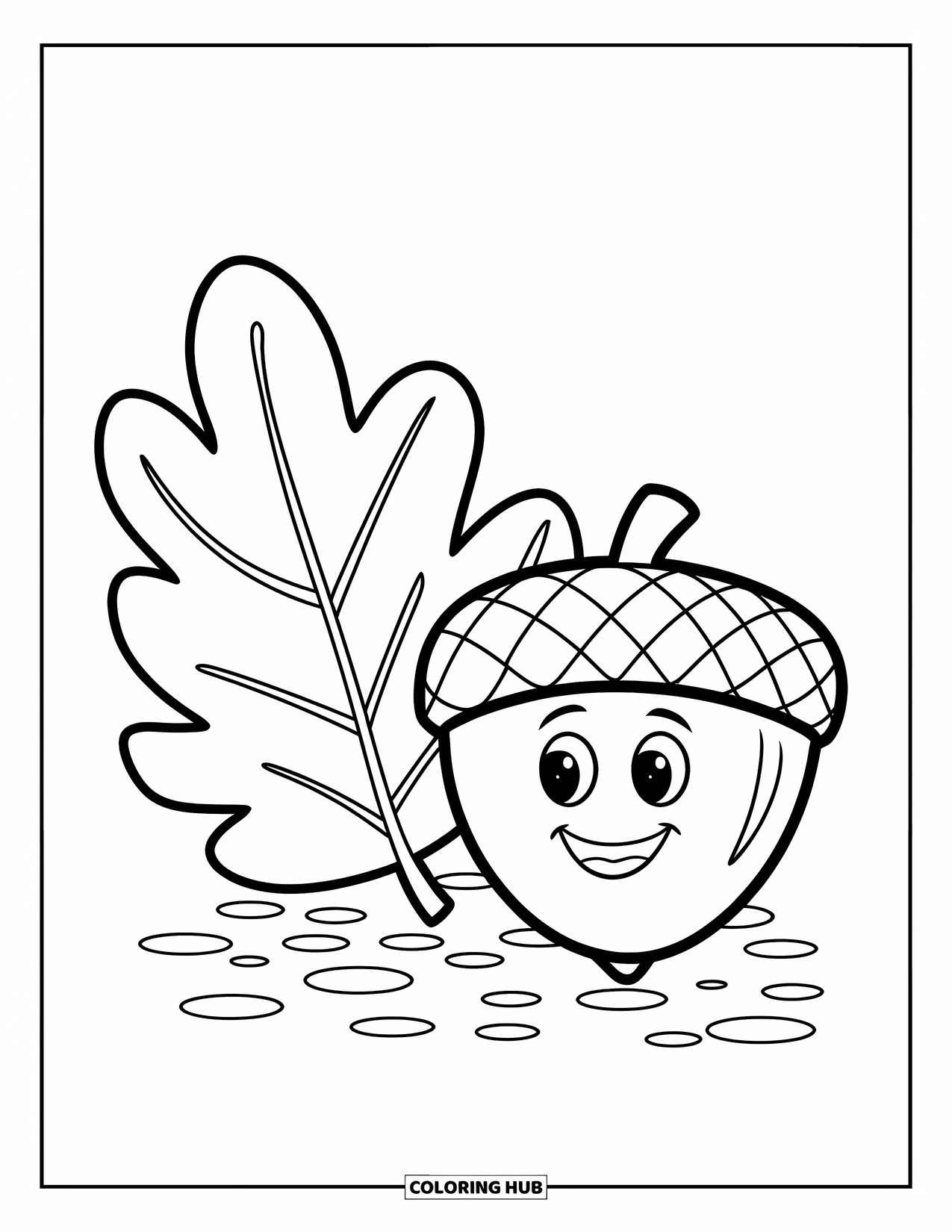 September Coloring Page for Kids: Happy acorn and oak leaf sitting on simple ground
