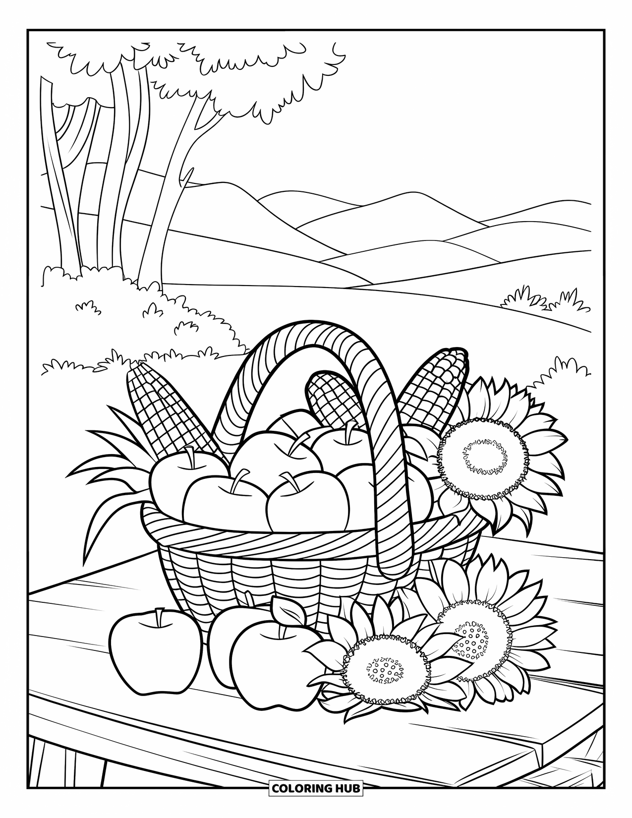 September Coloring Page for Kids: Harvest basket filled with apples, corn, and sunflowers on a table