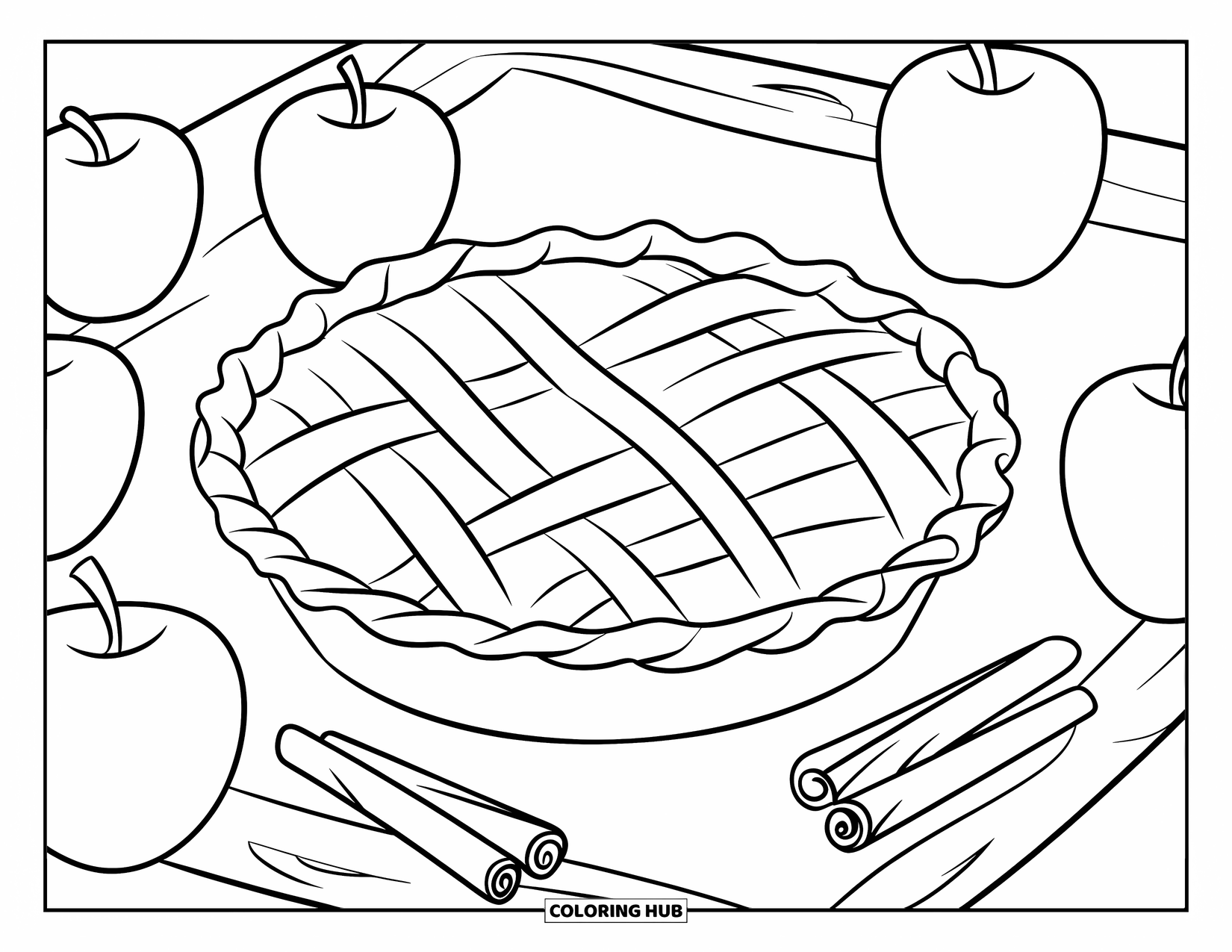 September Coloring Page for Kids: Lattice-topped pie with apples and cinnamon on a white cloth