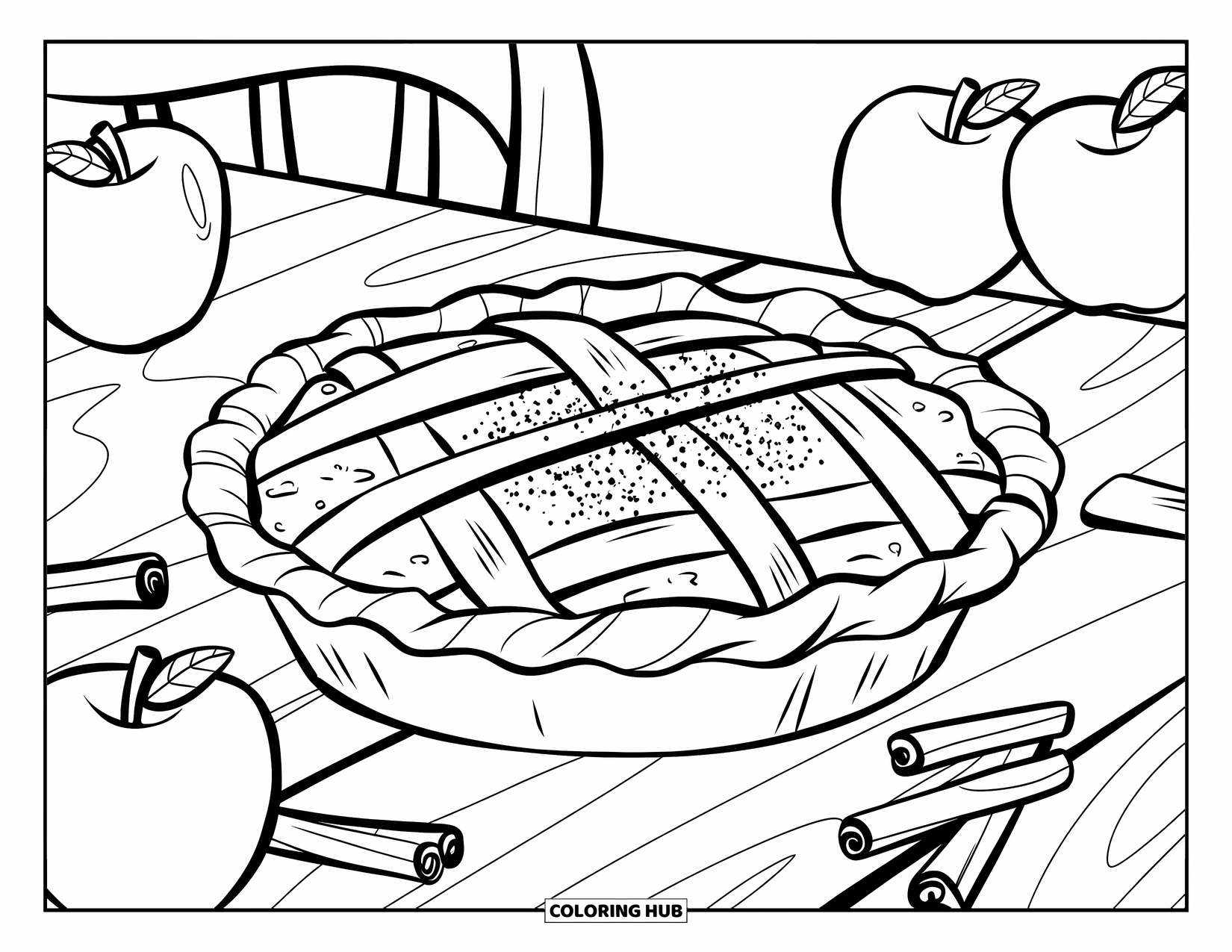 September Coloring Page for Kids: Pie with cinnamon and apples on a wooden table, ready to enjoy
