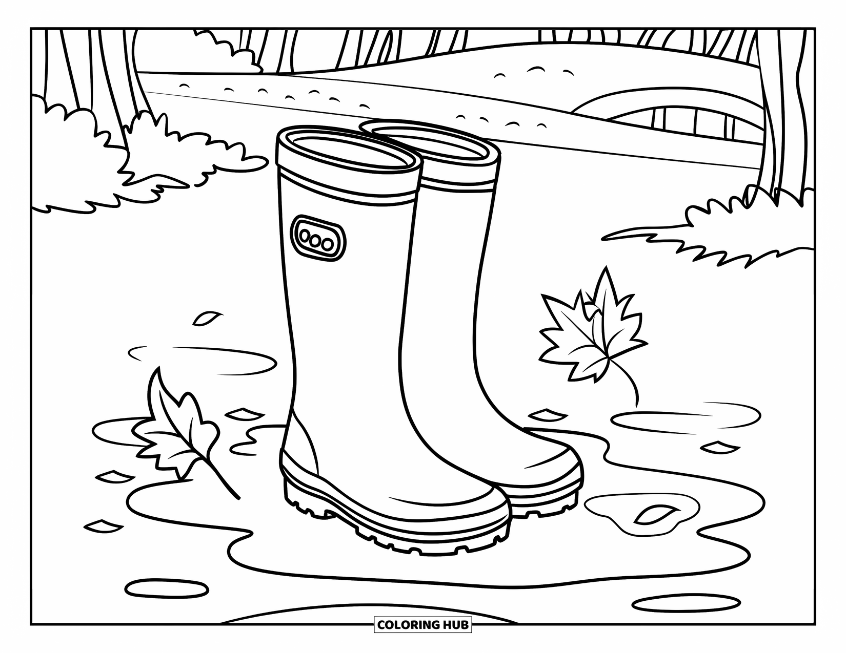 September Coloring Page for Kids: Rain boots next to a puddle with falling leaves nearby