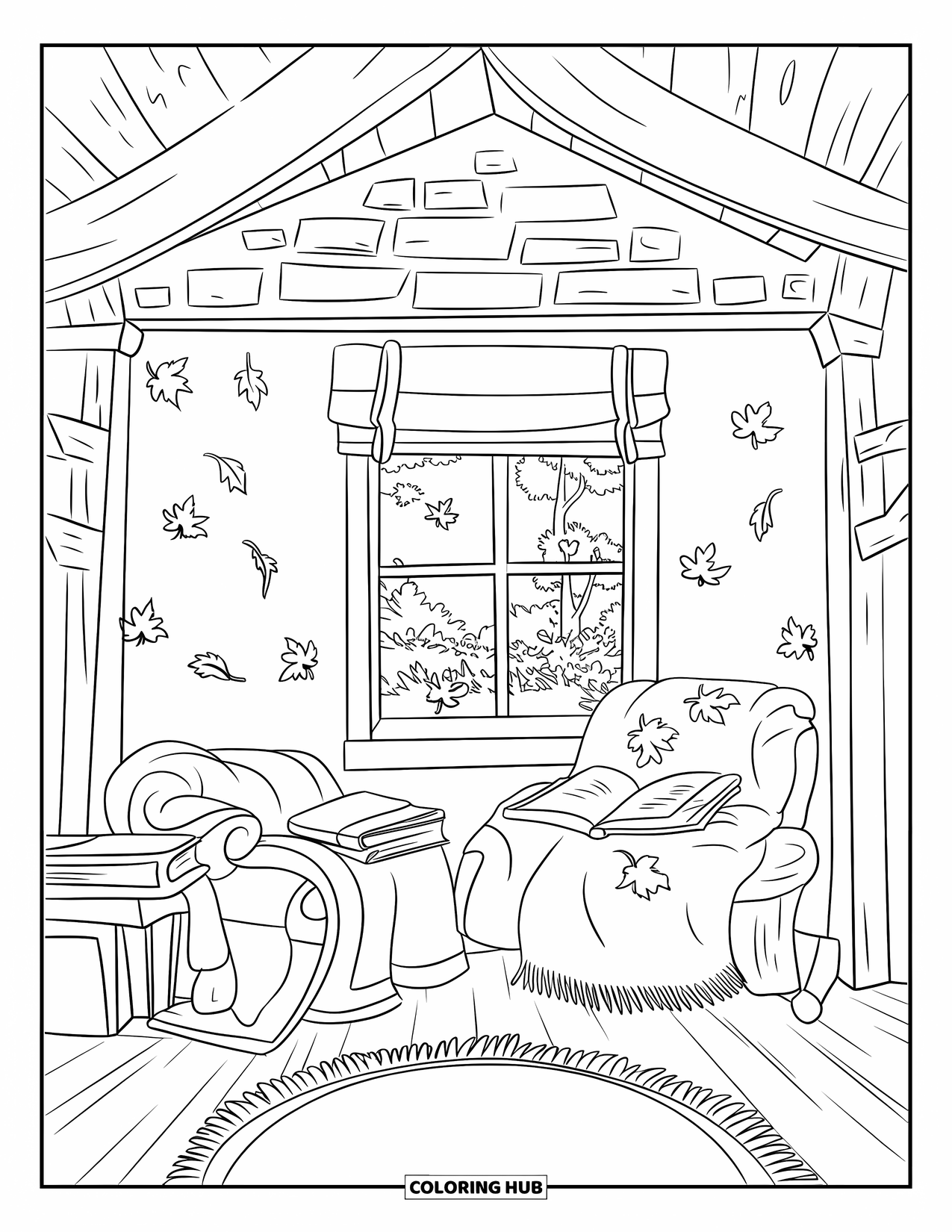 September Coloring Page for Kids: Reading corner with blankets, books, and trees outside the window