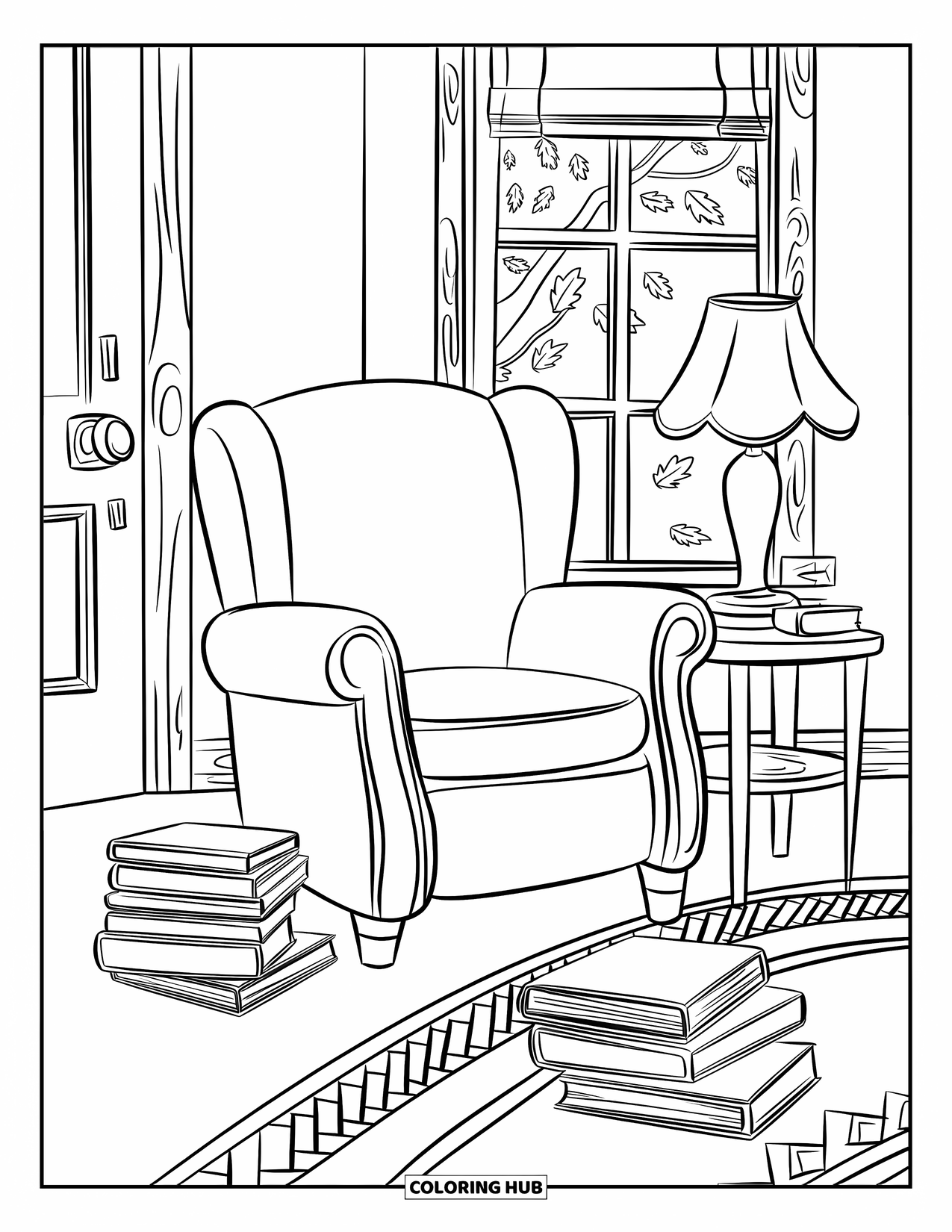 September Coloring Page for Kids: Reading nook with books, a window, and swirling autumn leaves