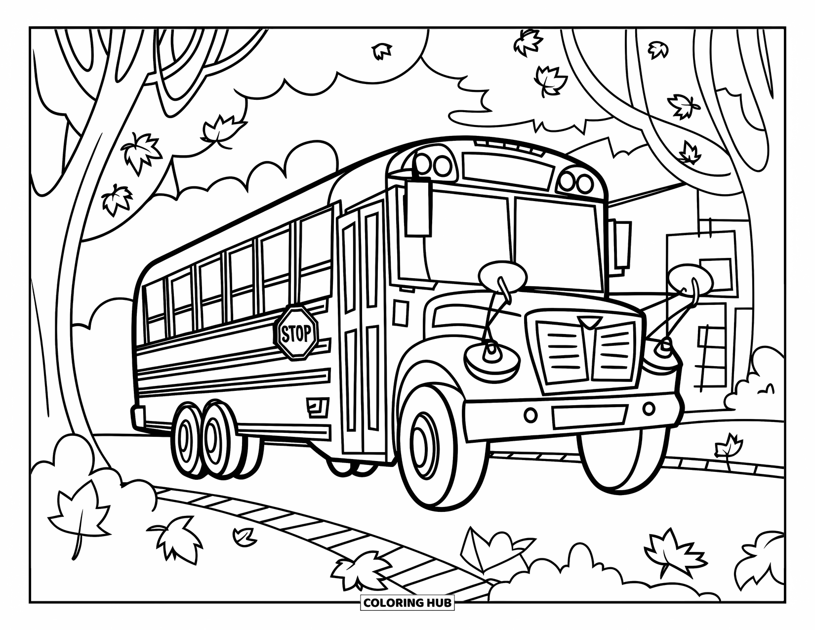 September Coloring Page for Kids: School bus with a stop sign and autumn leaves on the road