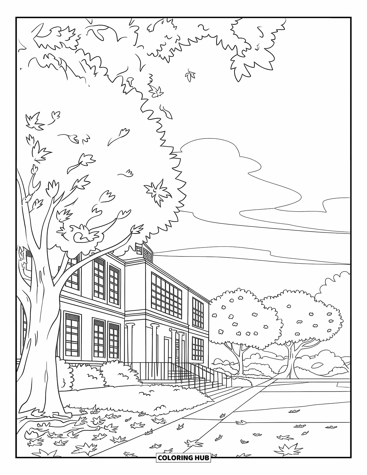 September Coloring Page for Kids: School campus with fallen leaves and a tall brick building