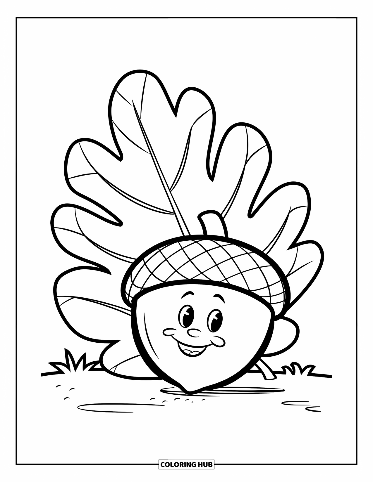 September Coloring Page for Kids: Smiling acorn and large oak leaf on a blank background