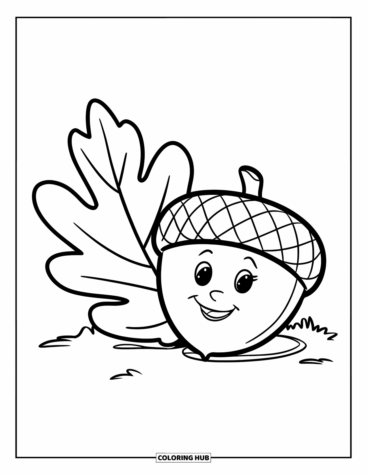 September Coloring Page for Kids: Smiling acorn beside a big oak leaf on the ground