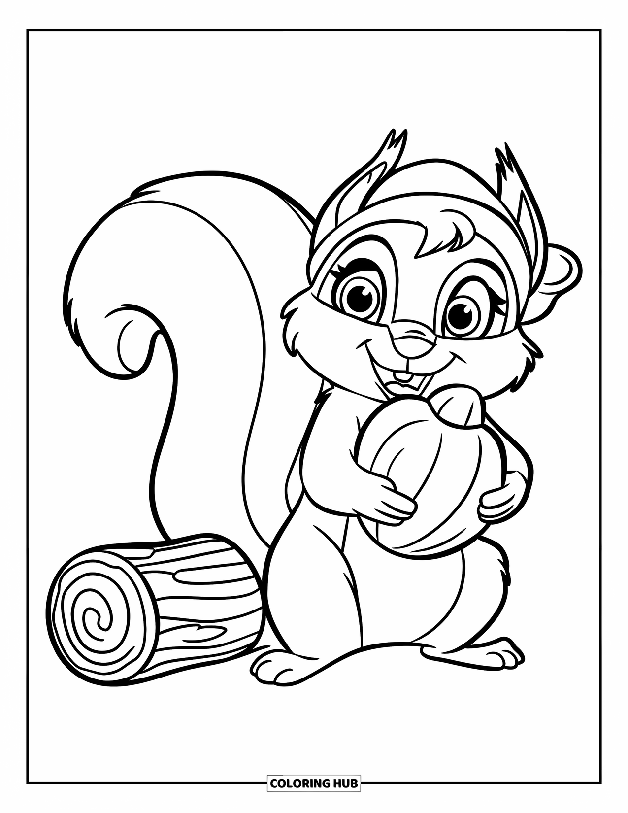 September Coloring Page for Kids: Squirrel in a cute hat holds a nut beside a small log