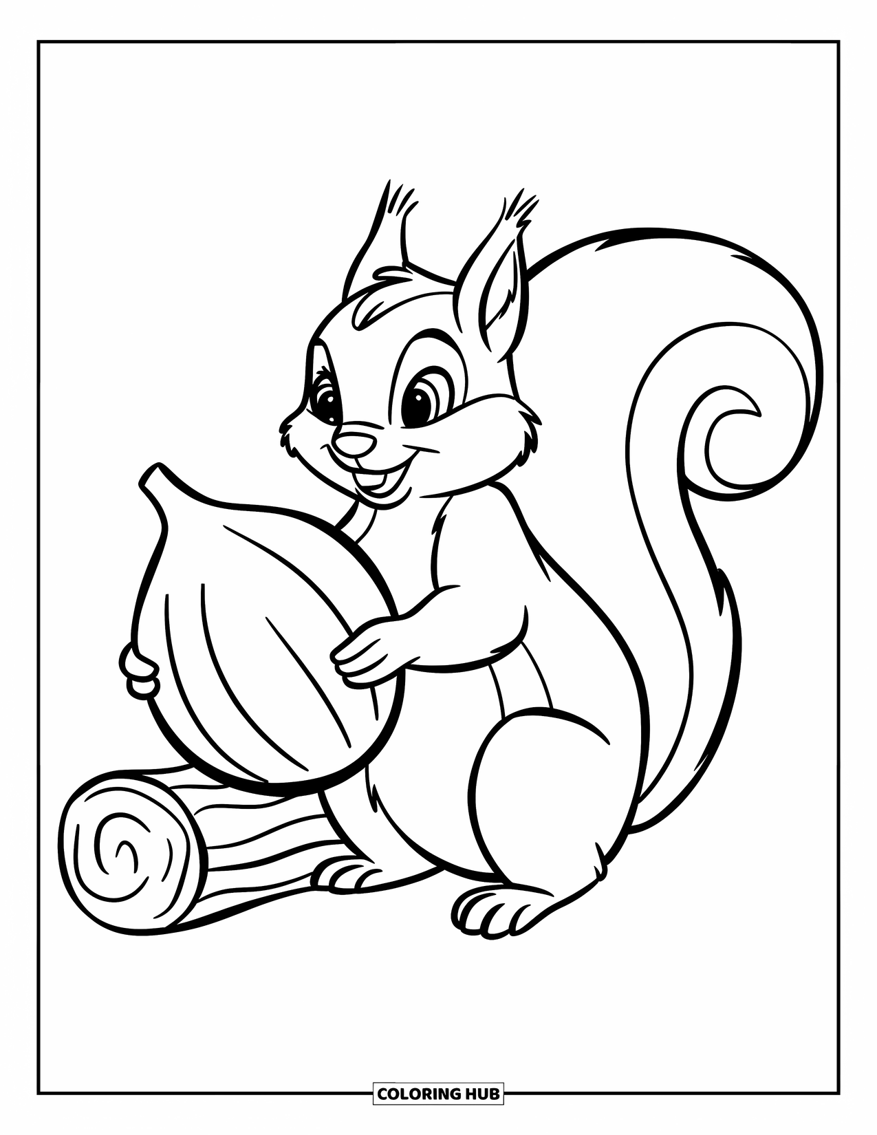 September Coloring Page for Kids: Squirrel sits with a giant nut beside a log