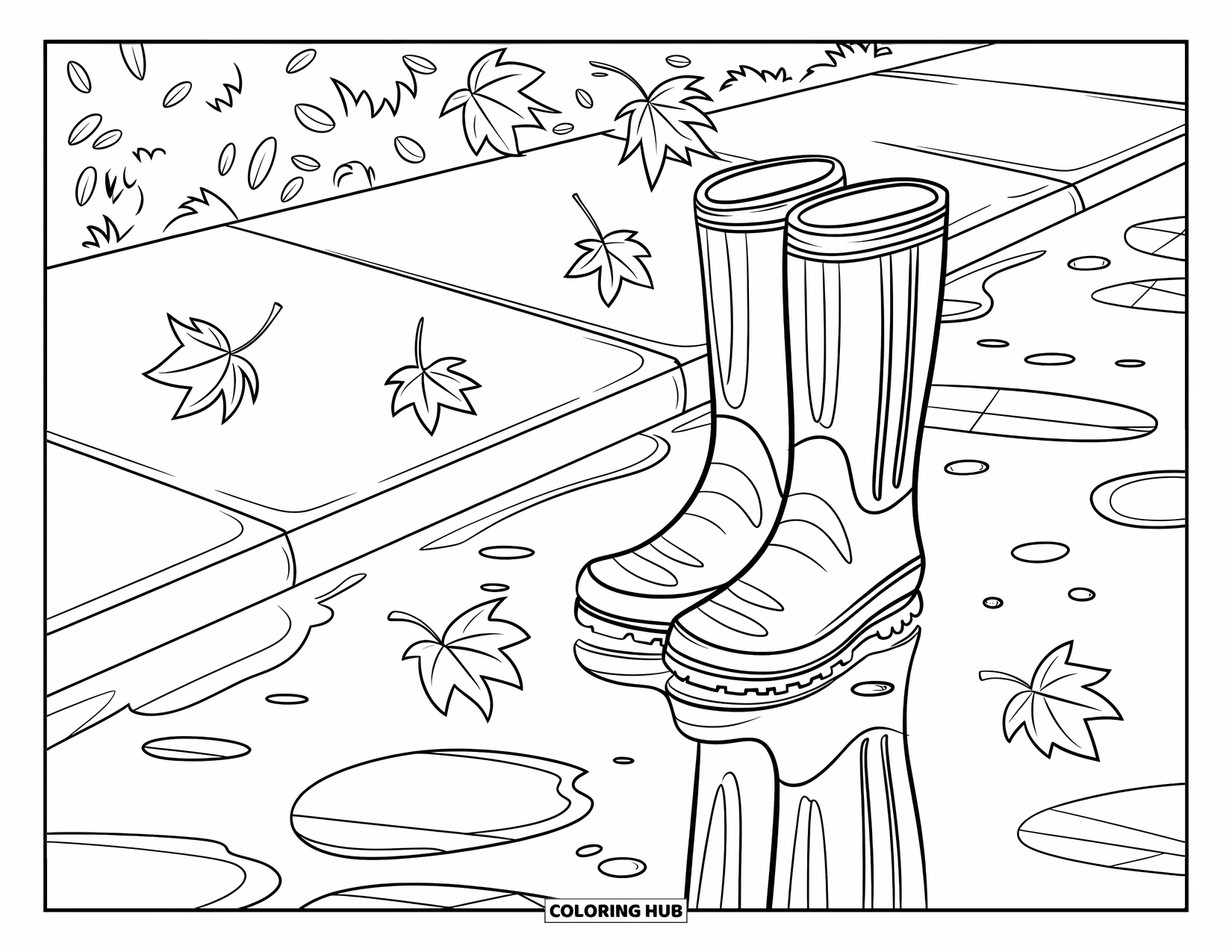 September Coloring Page for Kids: Striped boots and falling leaves next to a puddle on the sidewalk