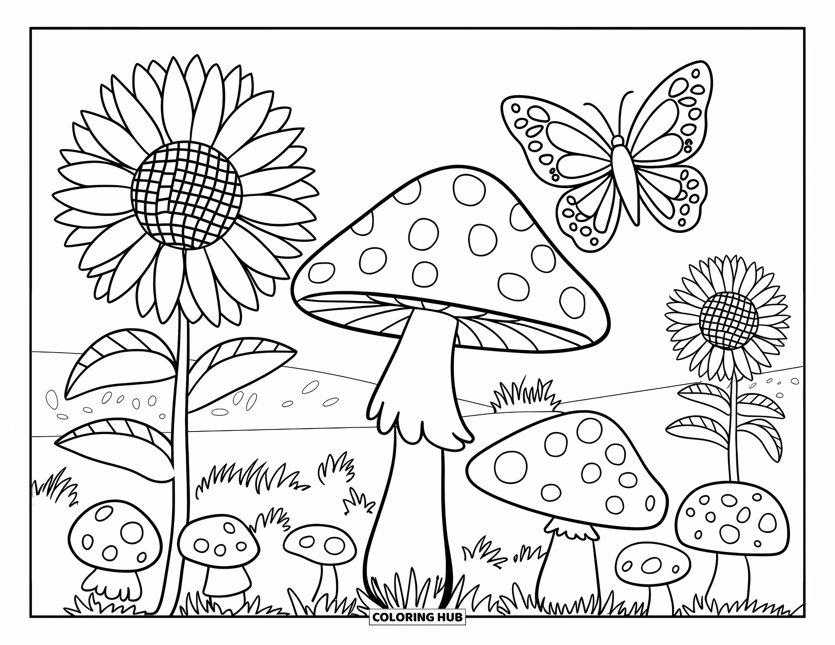 September Coloring Page for Kids: Sunflowers, mushrooms, and butterflies in a clean, open field