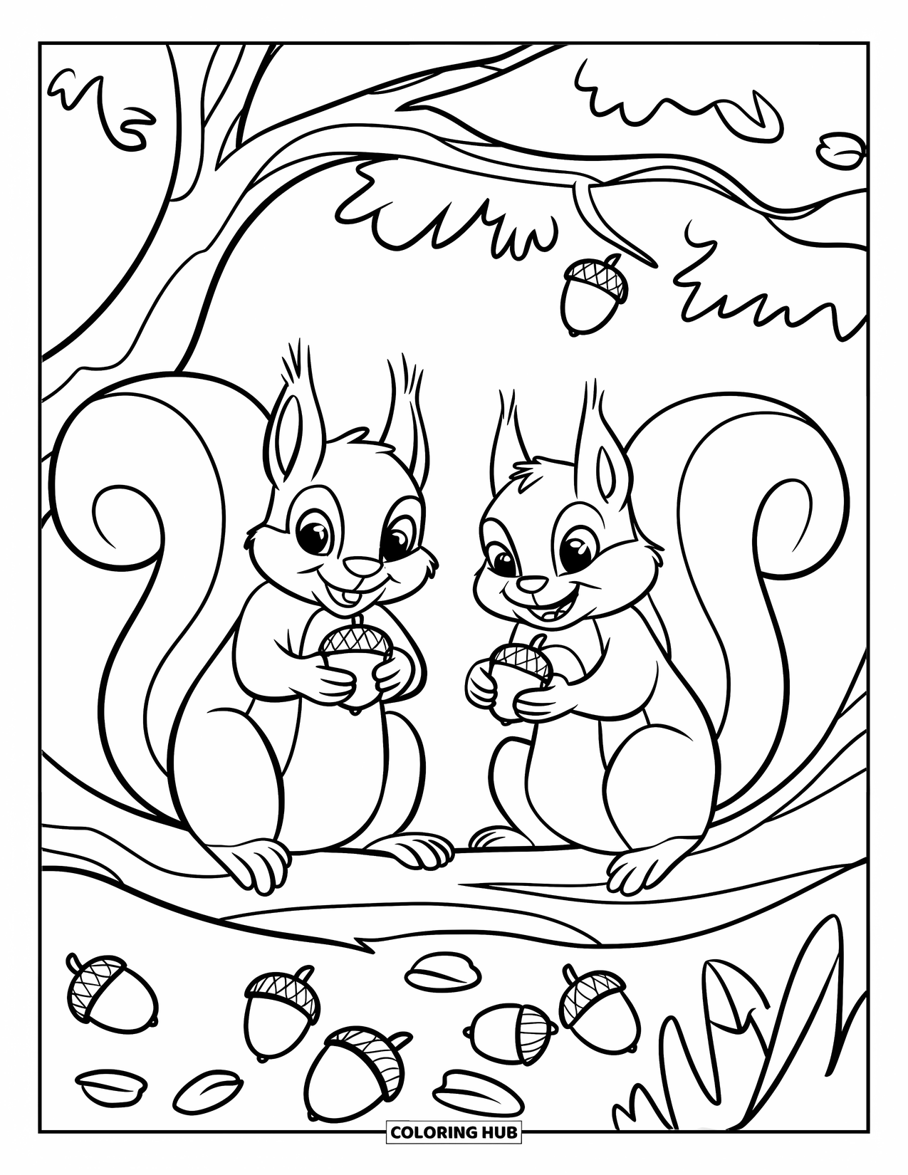 September Coloring Page for Kids: Two squirrels holding acorns under a tree on a sunny day