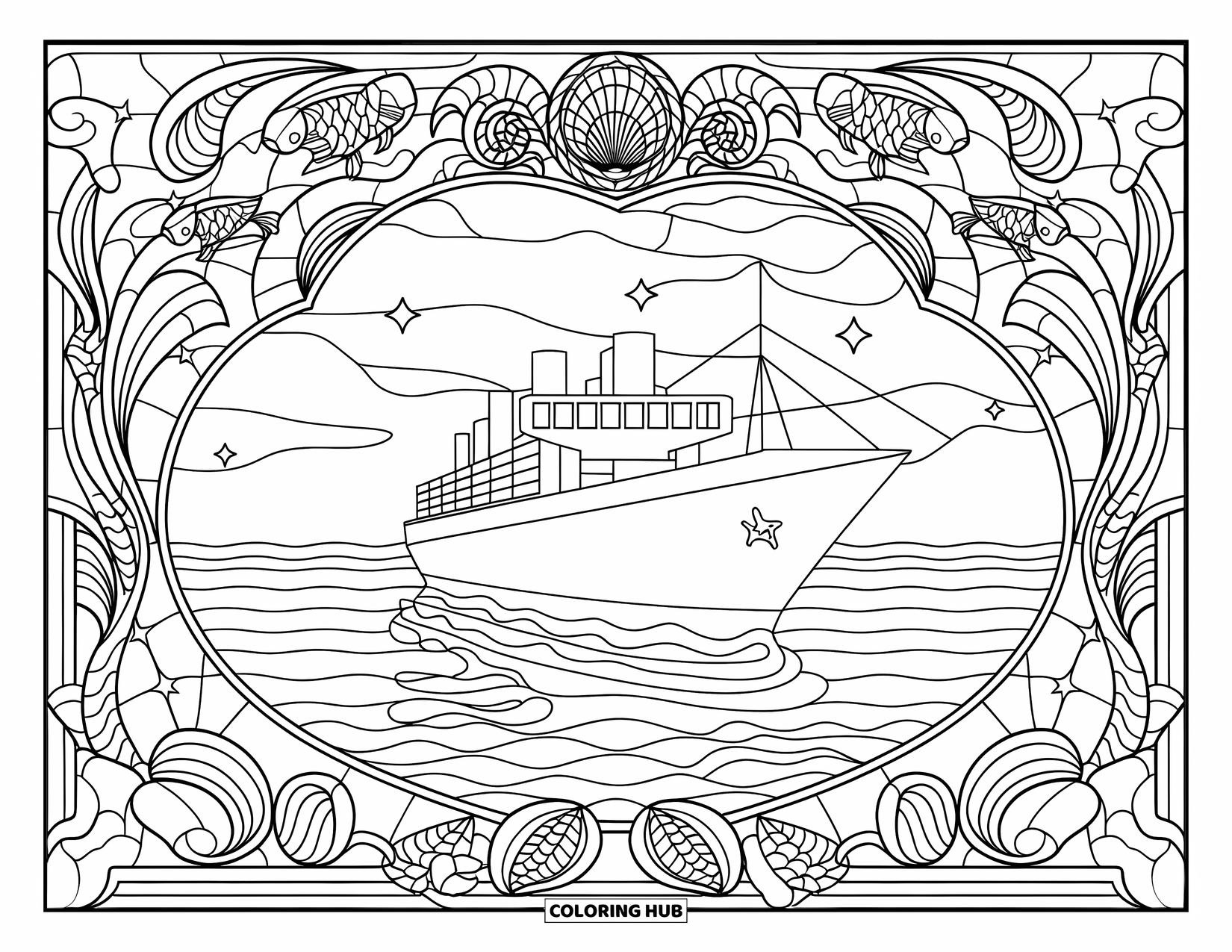 Ship Coloring Page for Adults: A cargo ship floats in a stained glass frame filled with fish, seashells, and stars