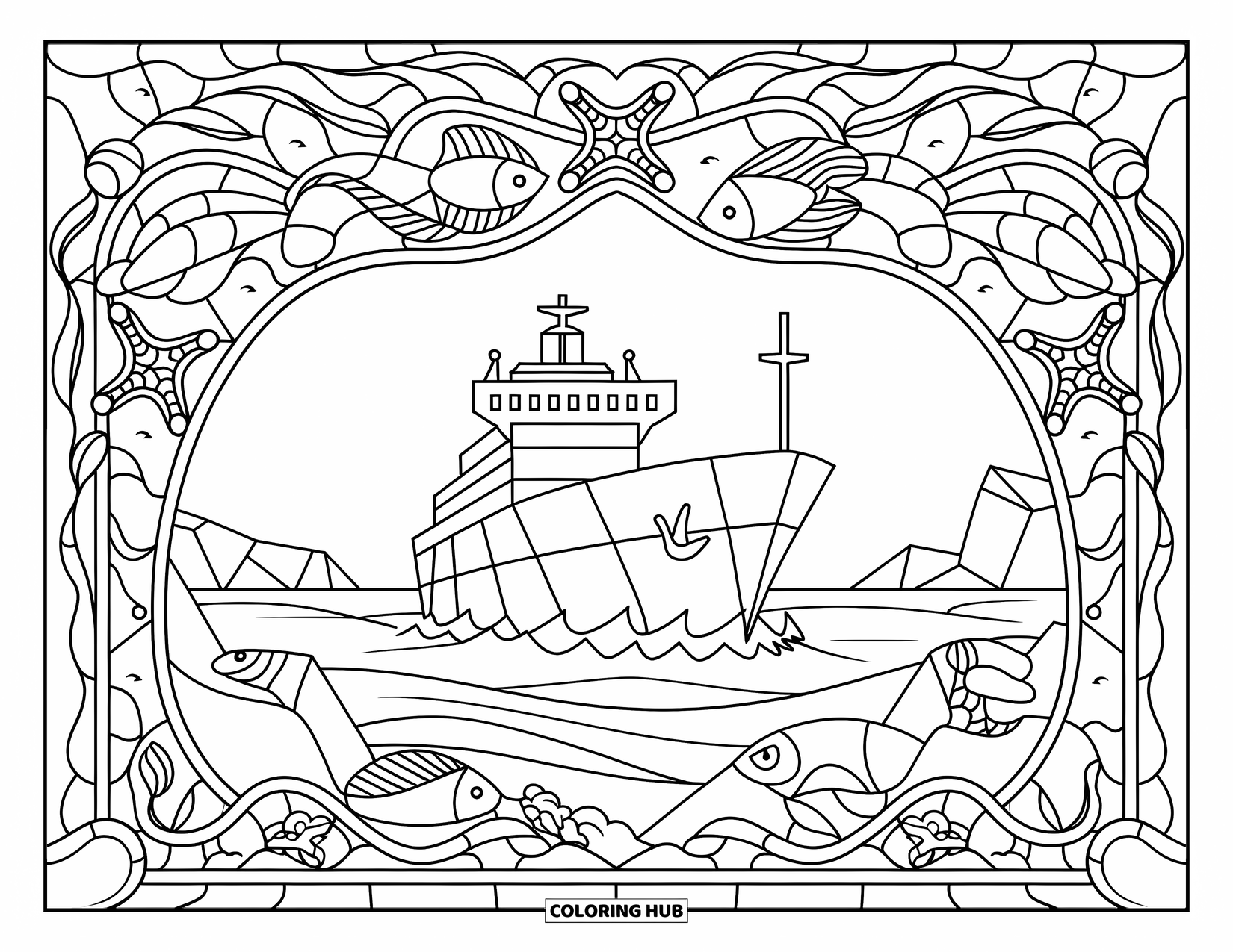 Ship Coloring Page for Adults: A cargo ship sails through a frame of fish, starfish, seaweed, and curling waves