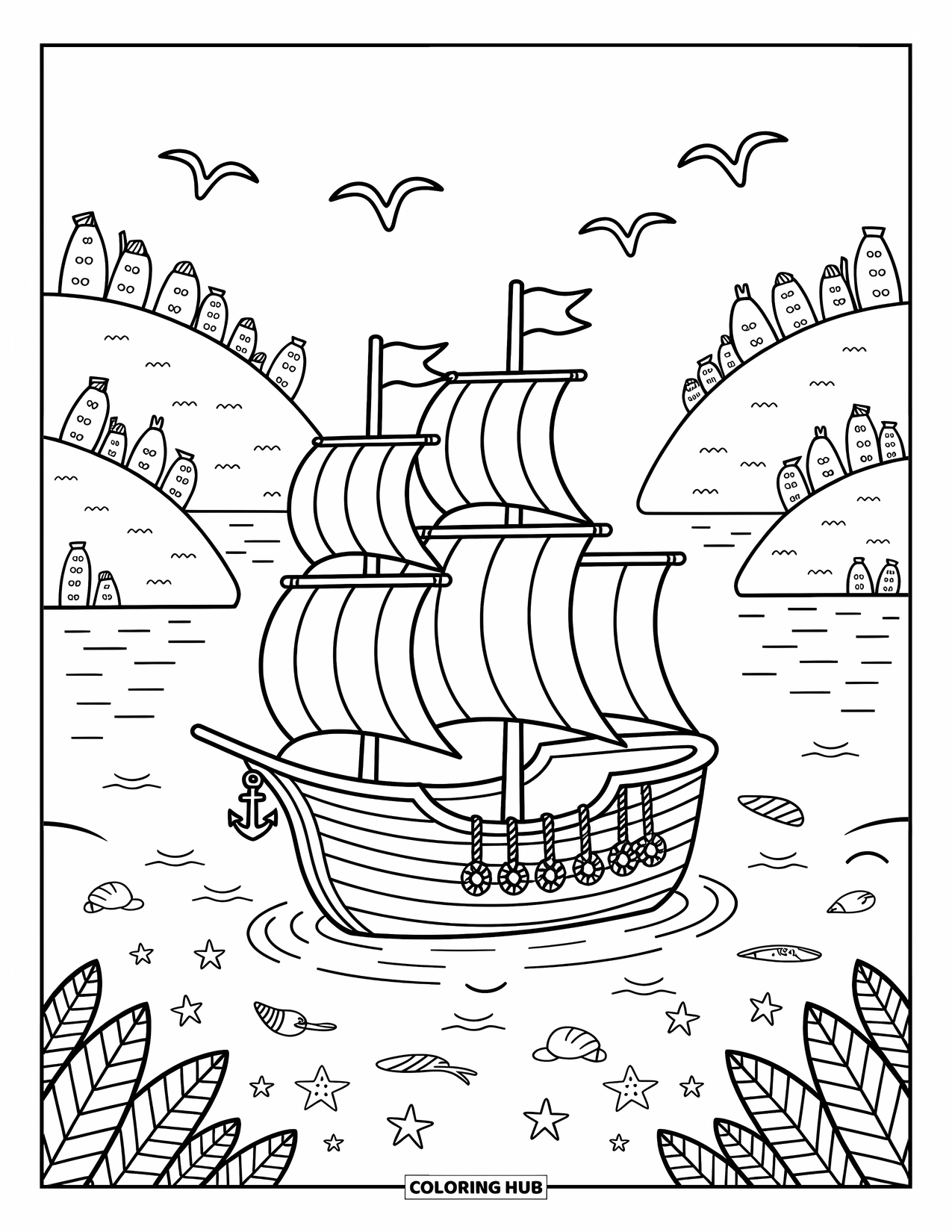 Ship Coloring Page for Adults: A cozy sailing ship with puffy sails floats near hills, shells, and starfish