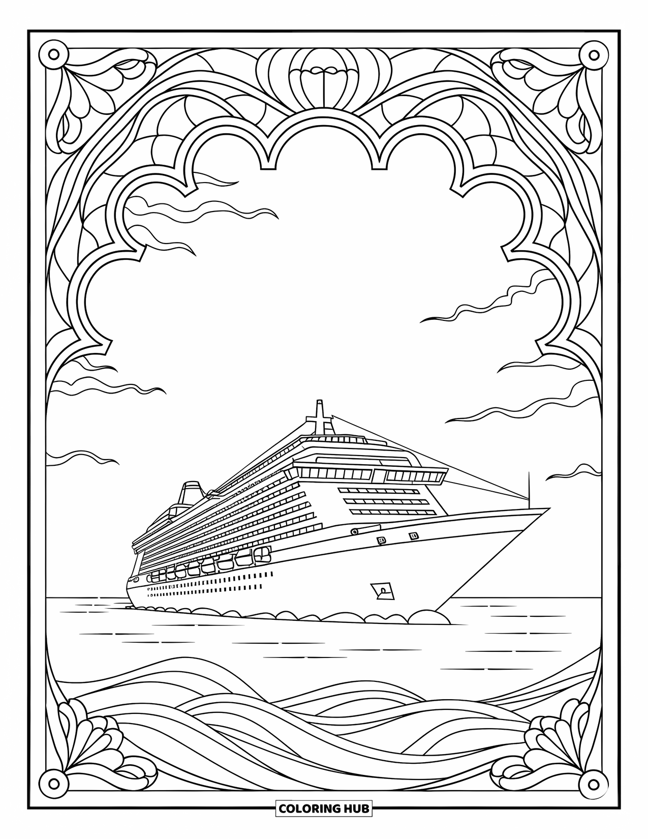 Ship Coloring Page for Adults: A cruise ship with multiple decks floats calmly within stained glass ocean borders