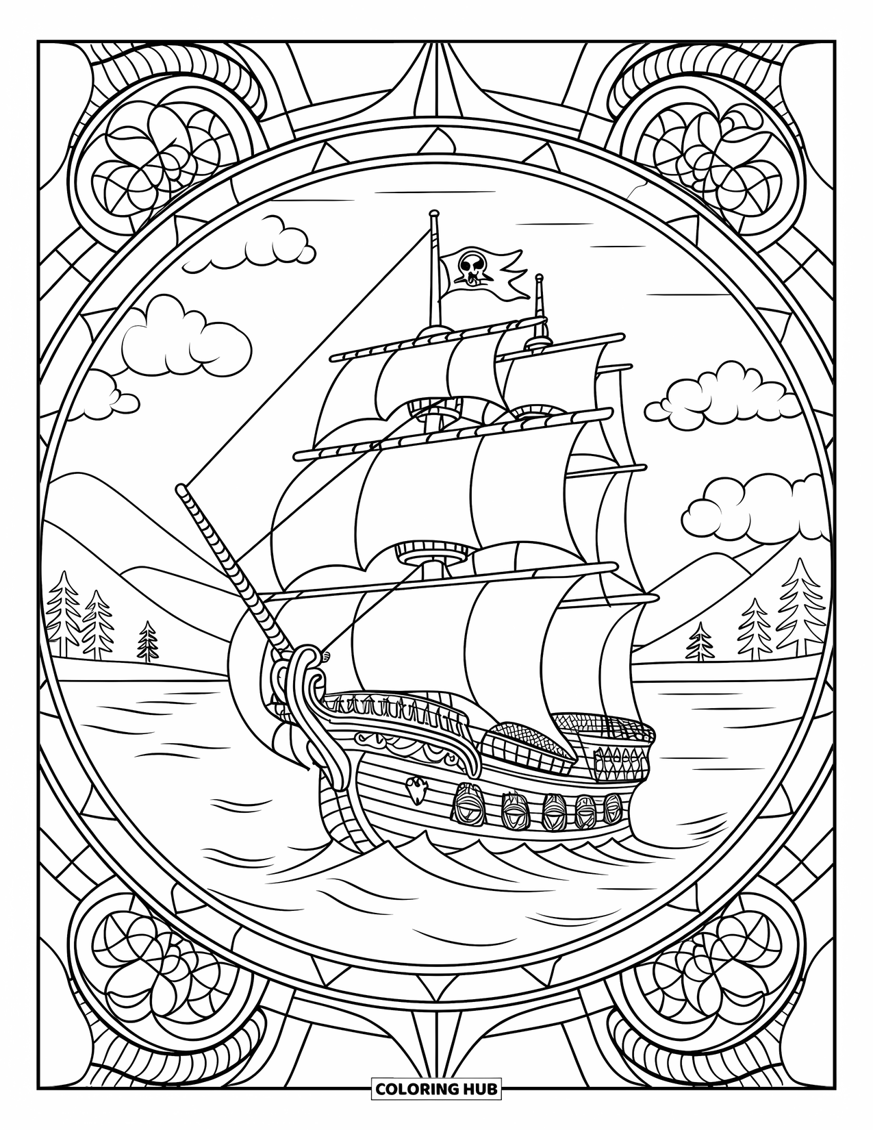 Ship Coloring Page for Adults: A pirate ship drifts on calm waters, framed by a stained glass rose compass