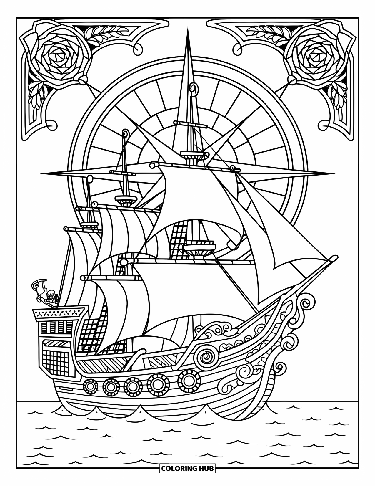 Ship Coloring Page for Adults: A pirate ship with masts and sailors is surrounded by a rose compass design