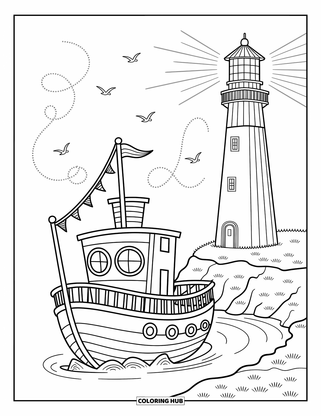 Ship Coloring Page for Adults: A ship drifts past a lighthouse as birds fly and waves touch the rocks