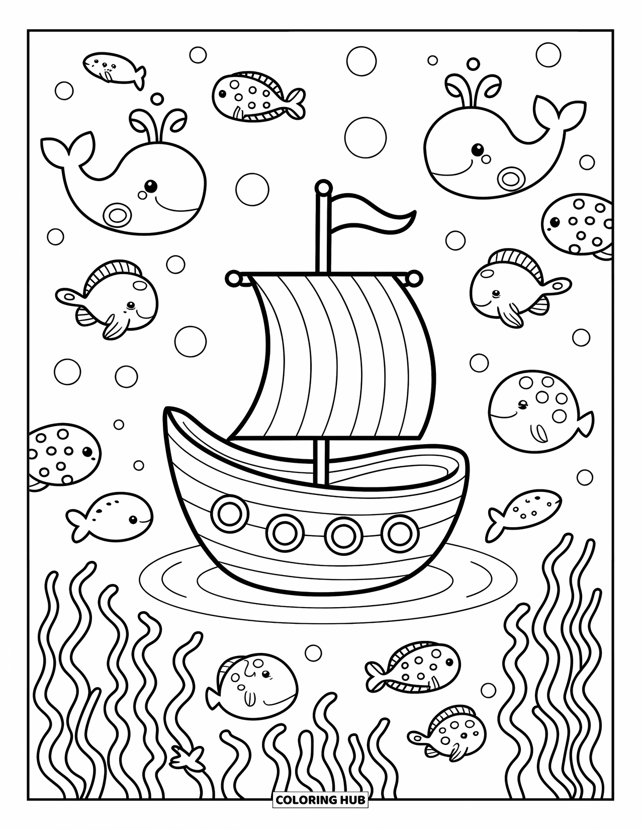 Ship Coloring Page for Adults: A small ship with a striped sail floats among whales, turtles, and playful fish
