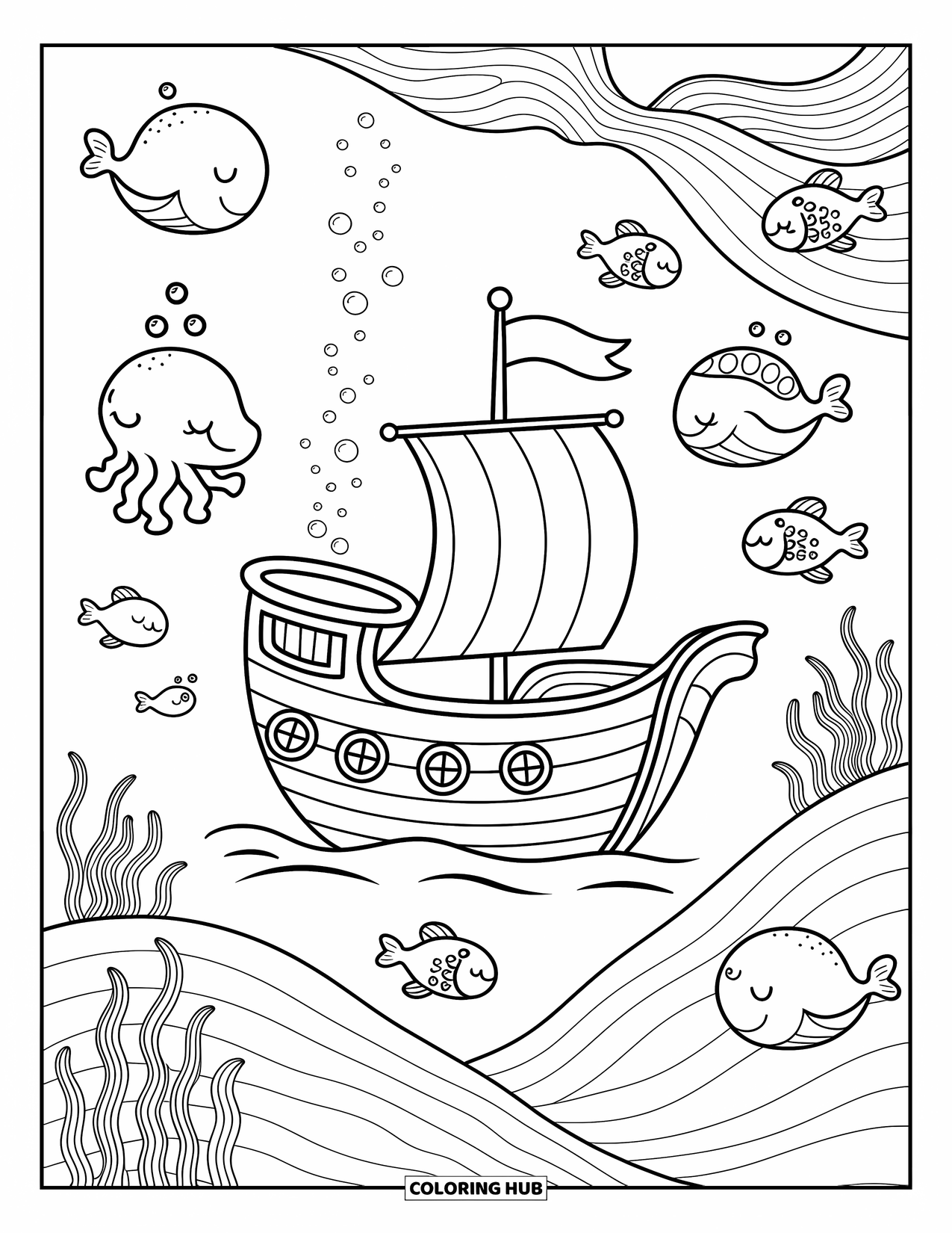 Ship Coloring Page for Adults: A small ship with a striped sail floats with smiling sea animals nearby