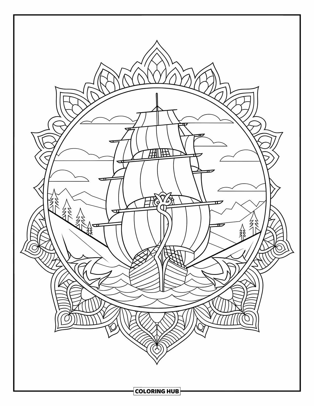 Ship Coloring Page for Adults: A tall ship with anchor and sails rests within a mandala by mountains and sky