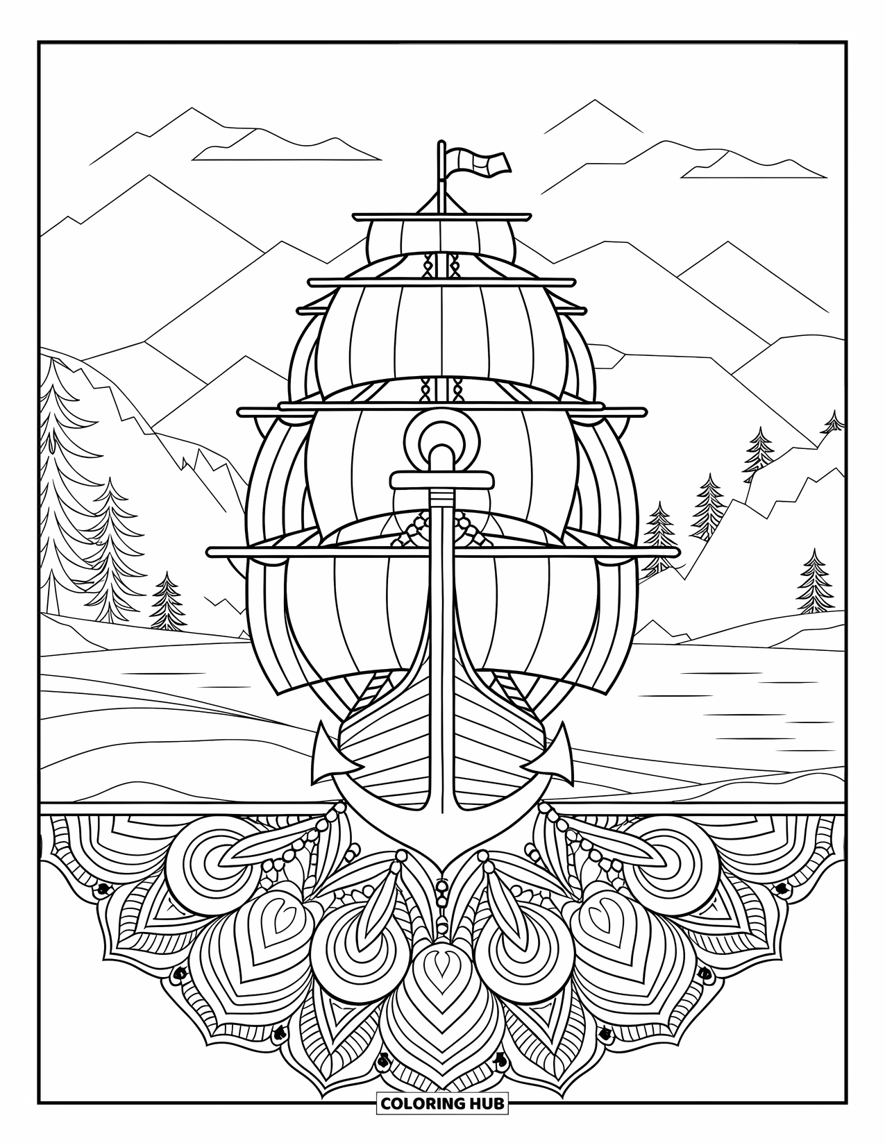 Ship Coloring Page for Adults: A tall ship with full sails and anchor is surrounded by botanical mandalas