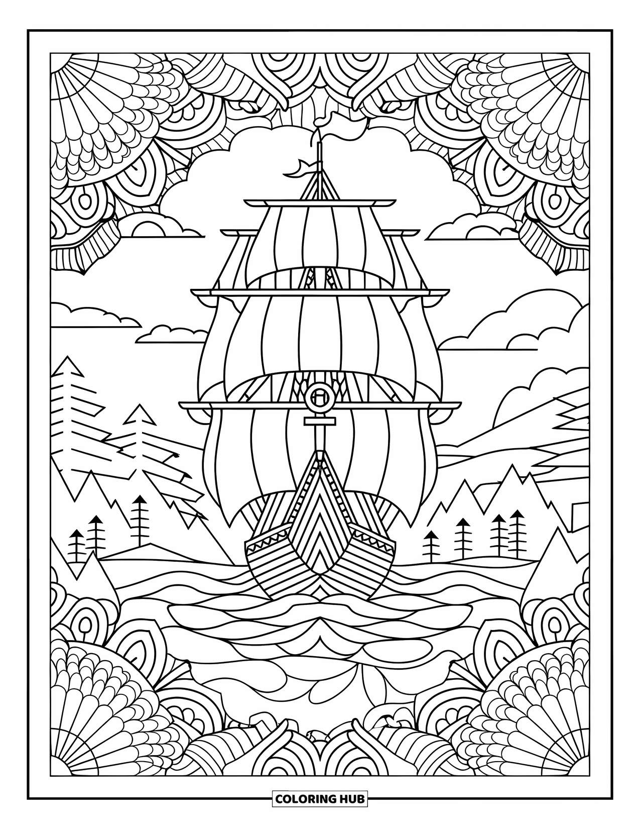 Ship Coloring Page for Adults: A tall ship with sails and anchor drifts across a mountain lake mandala scene
