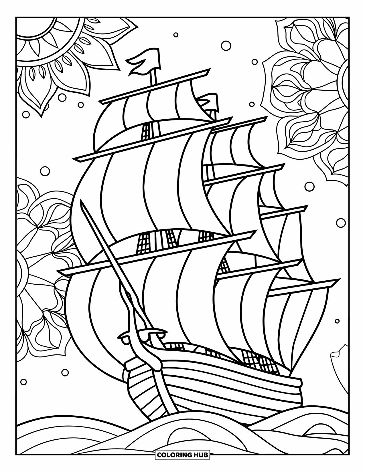 Ship Coloring Page for Adults: A tall ship with sails is framed by intricate botanical mandala patterns