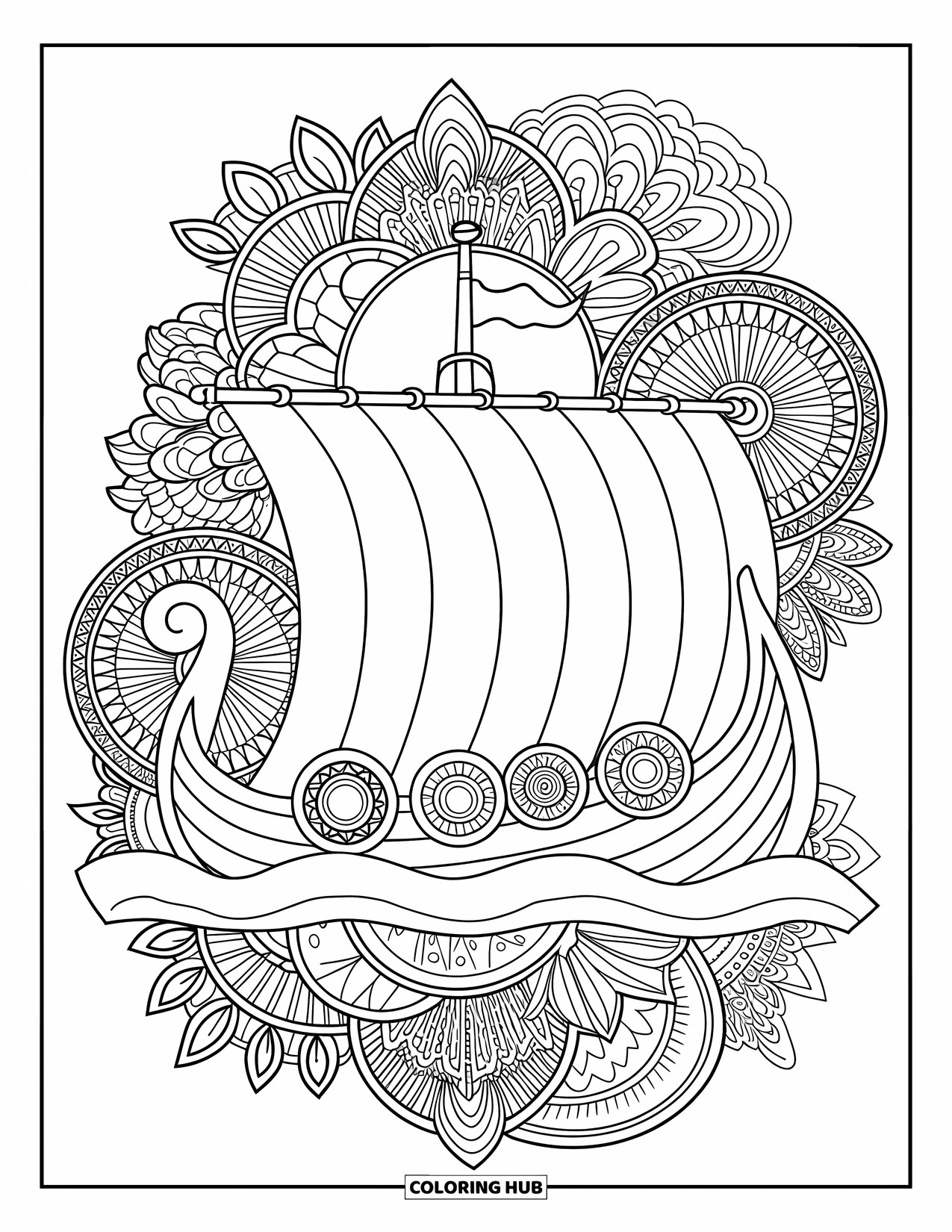 Ship Coloring Page for Adults: A Viking ship with a patterned sail is framed by swirling botanical mandalas