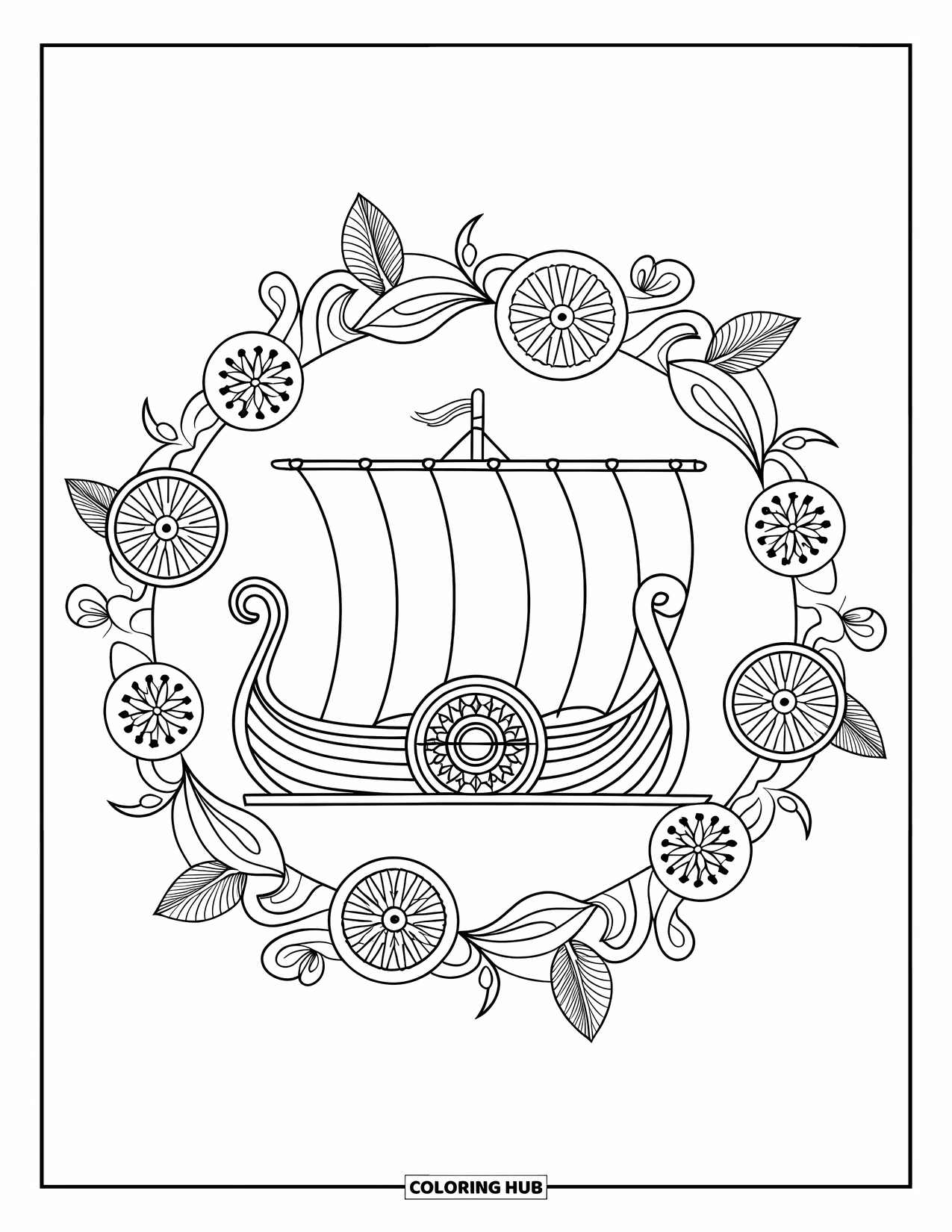 Ship Coloring Page for Adults: A Viking ship with ornate shields rests inside swirling botanical mandalas