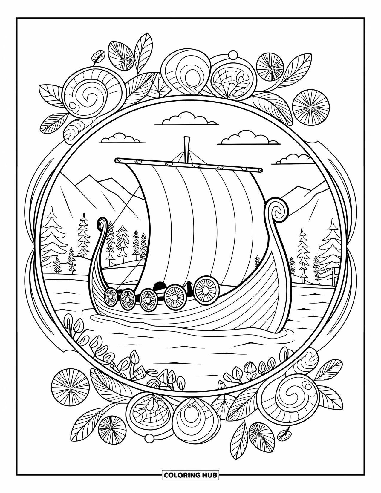 Ship Coloring Page for Adults: A Viking ship with shields floats on a serene lake framed by mandala patterns