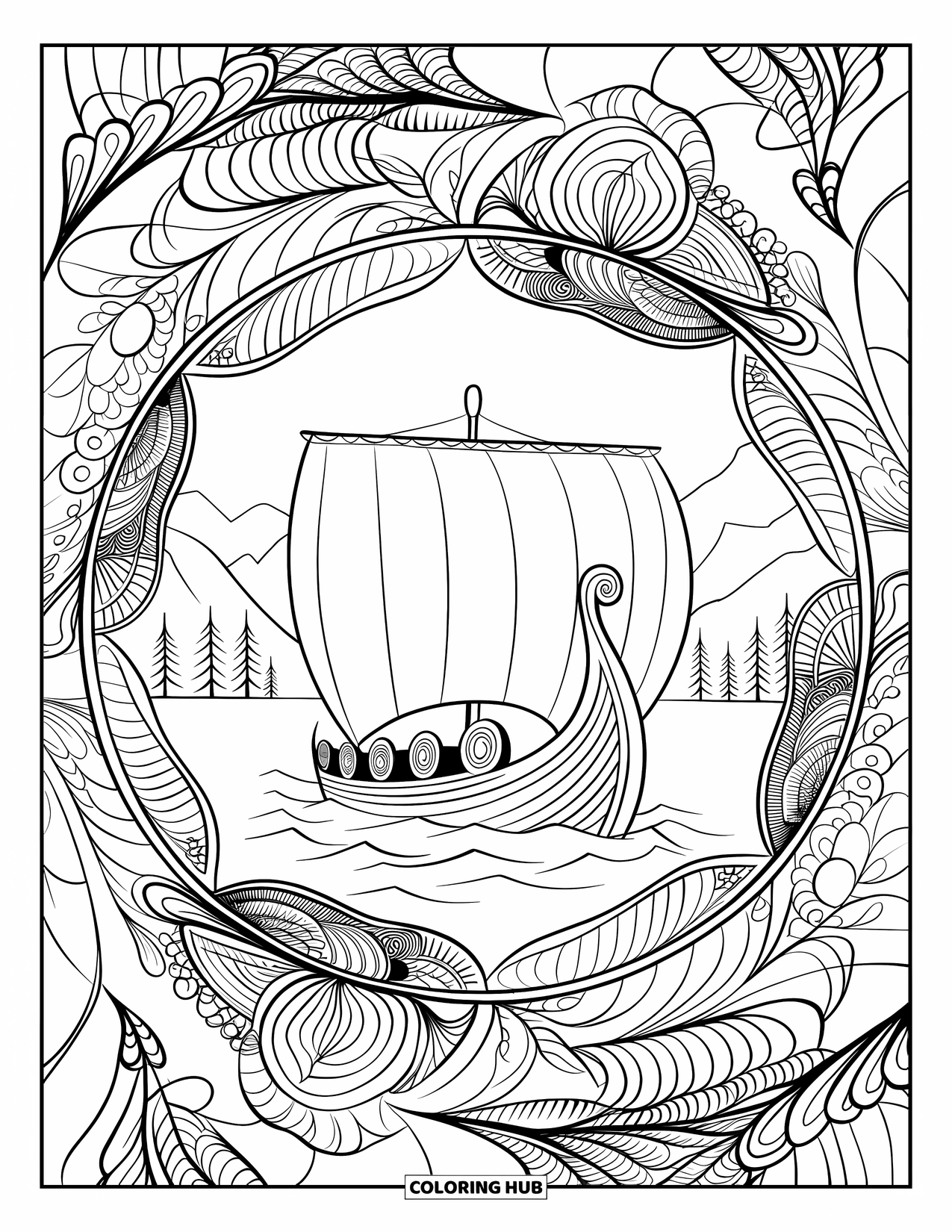 Ship Coloring Page for Adults: A Viking ship with shields sits among botanical mandalas and a mountain lake view