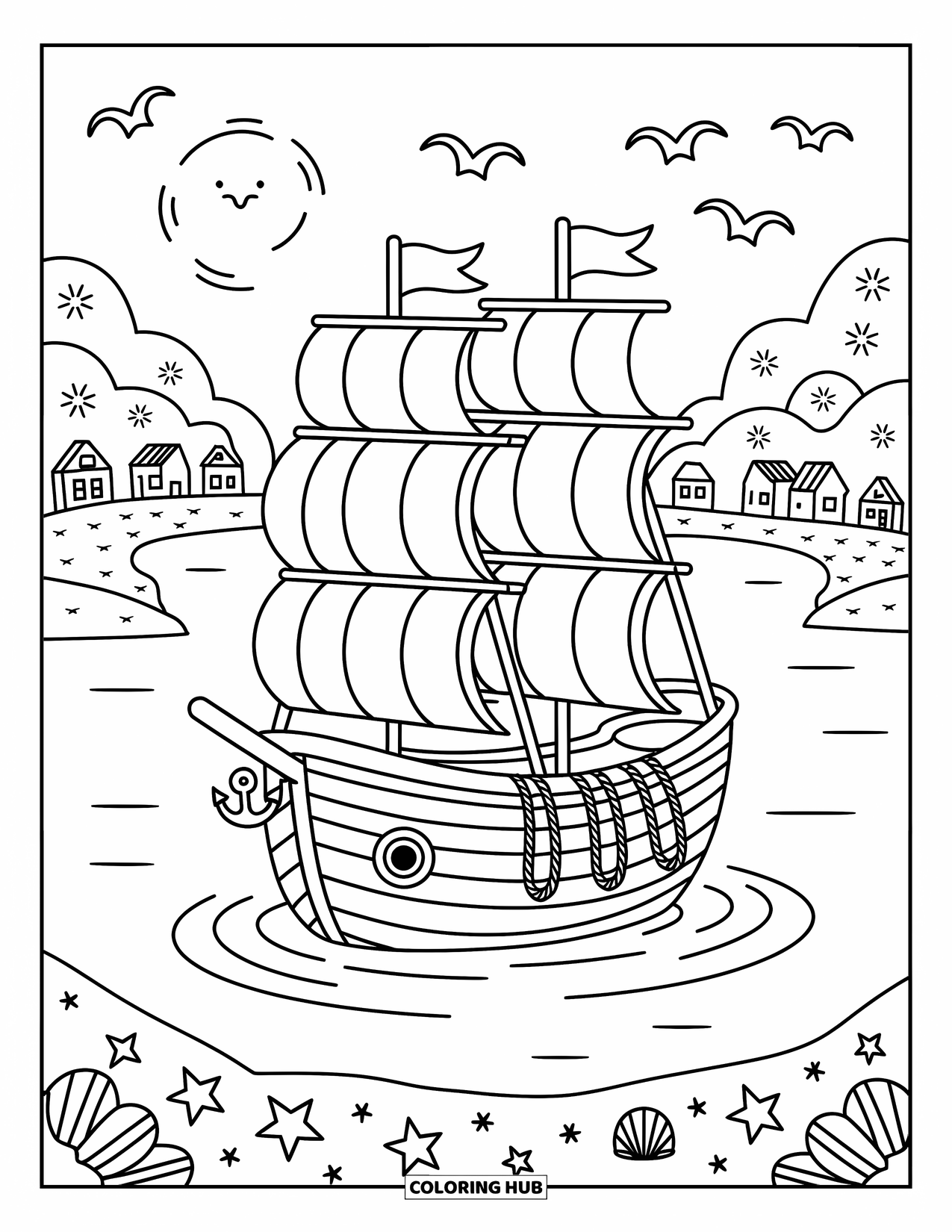 Ship Coloring Page for Adults: A wooden sailing ship with puffy sails floats peacefully in a quiet bay