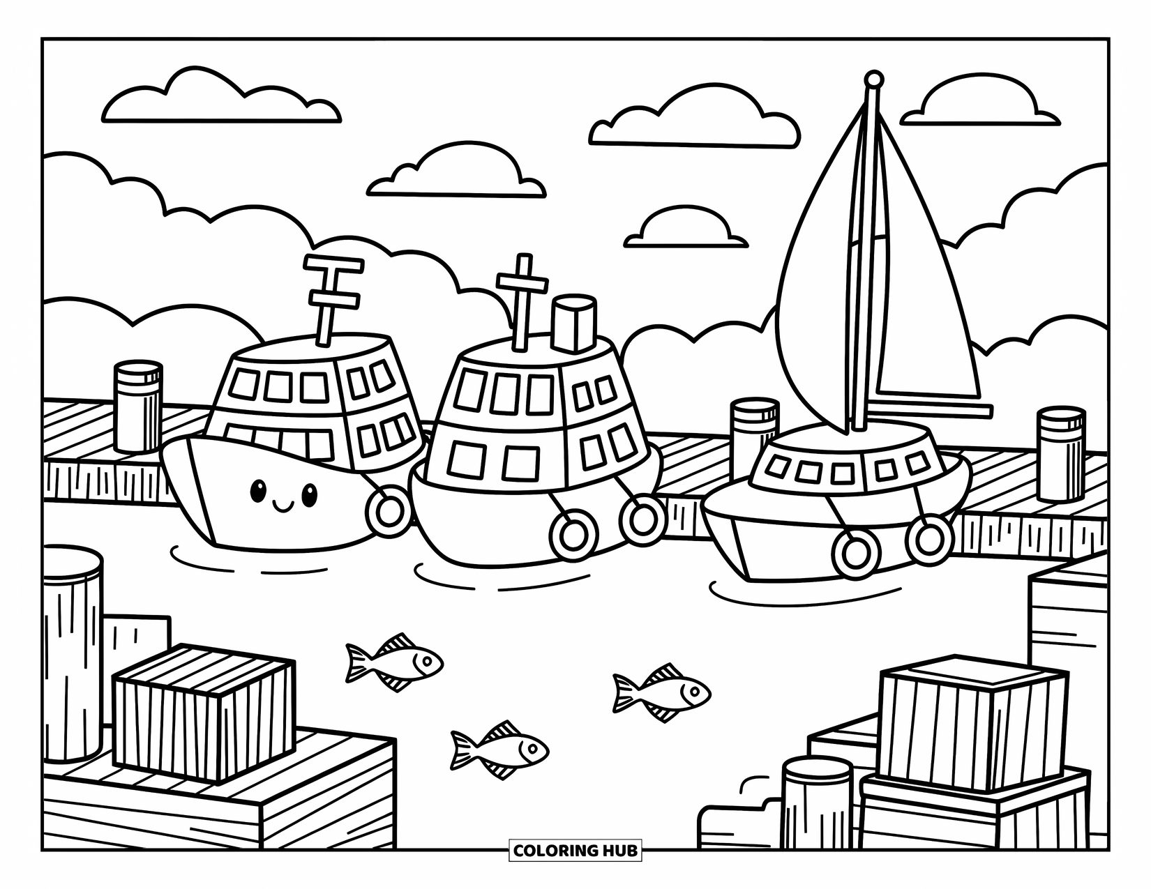 Ship Coloring Page for Adults: Three ships dock at a wooden harbor surrounded by crates, buoys, and barrels