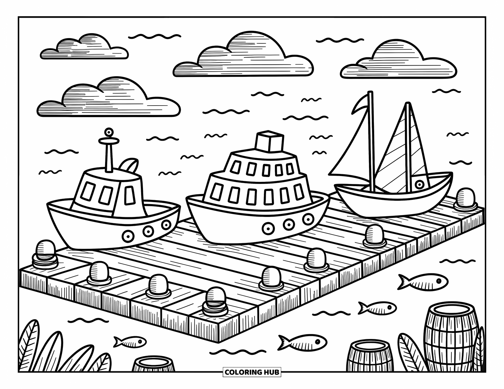 Ship Coloring Page for Adults: Three ships rest at a cozy harbor with crates, buoys, and playful fish