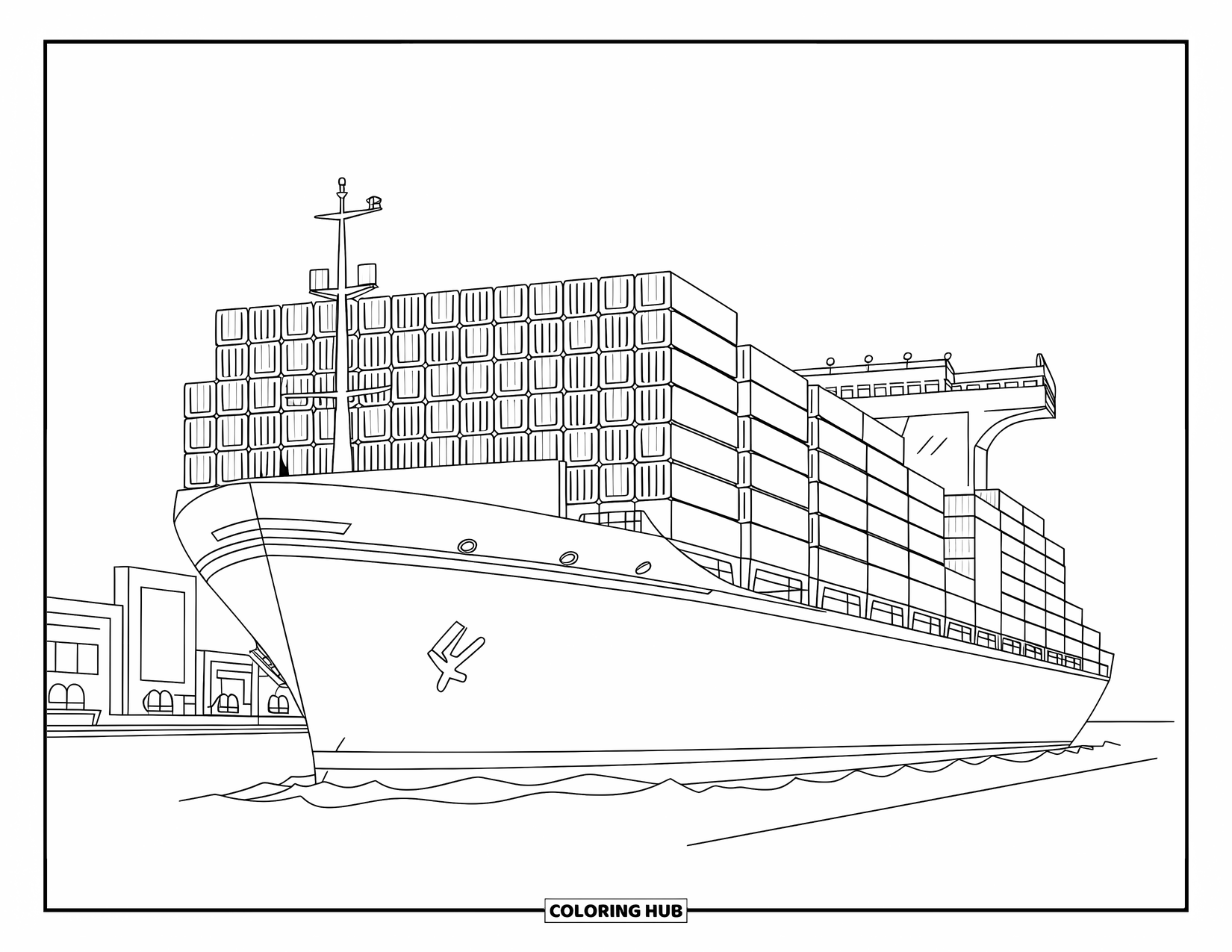 Ship Coloring Page for Kids: A cargo ship stacked with containers floats near the harbor
