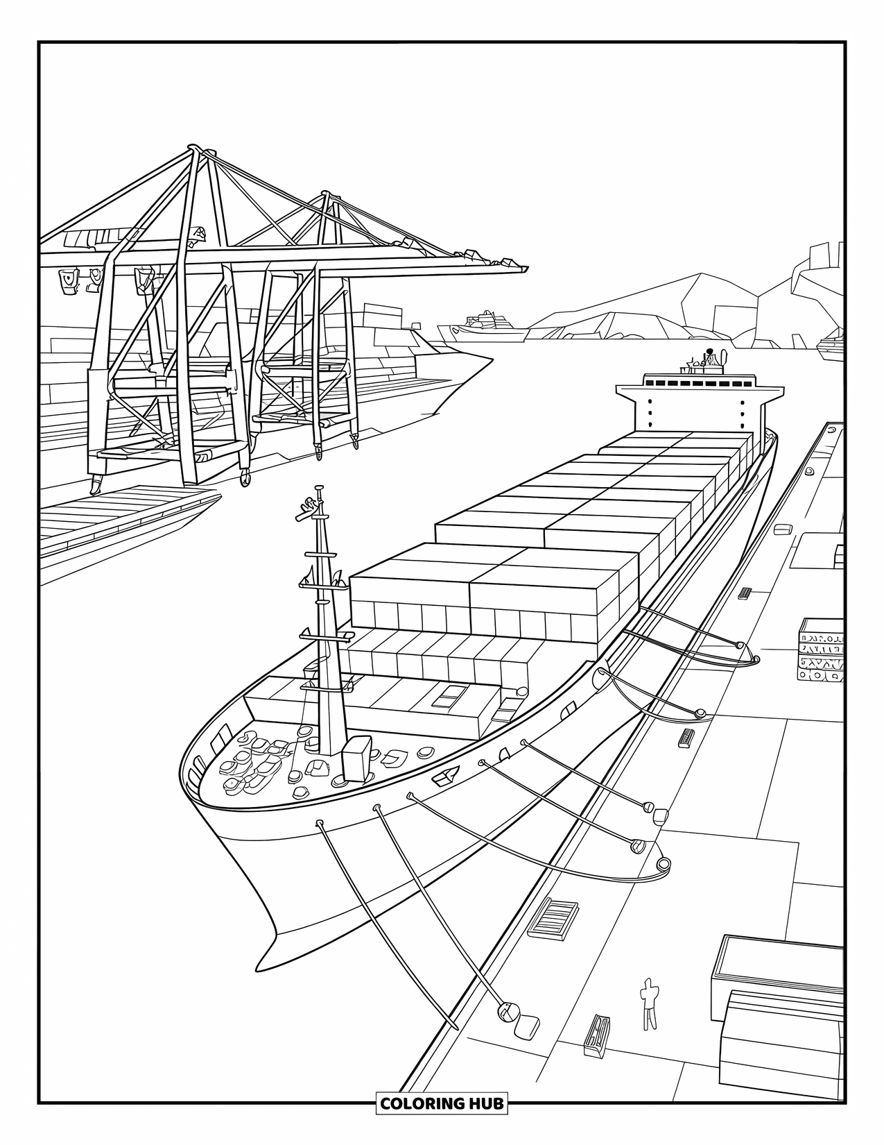 Ship Coloring Page for Kids: A container ship is docked as cranes unload cargo at the harbor