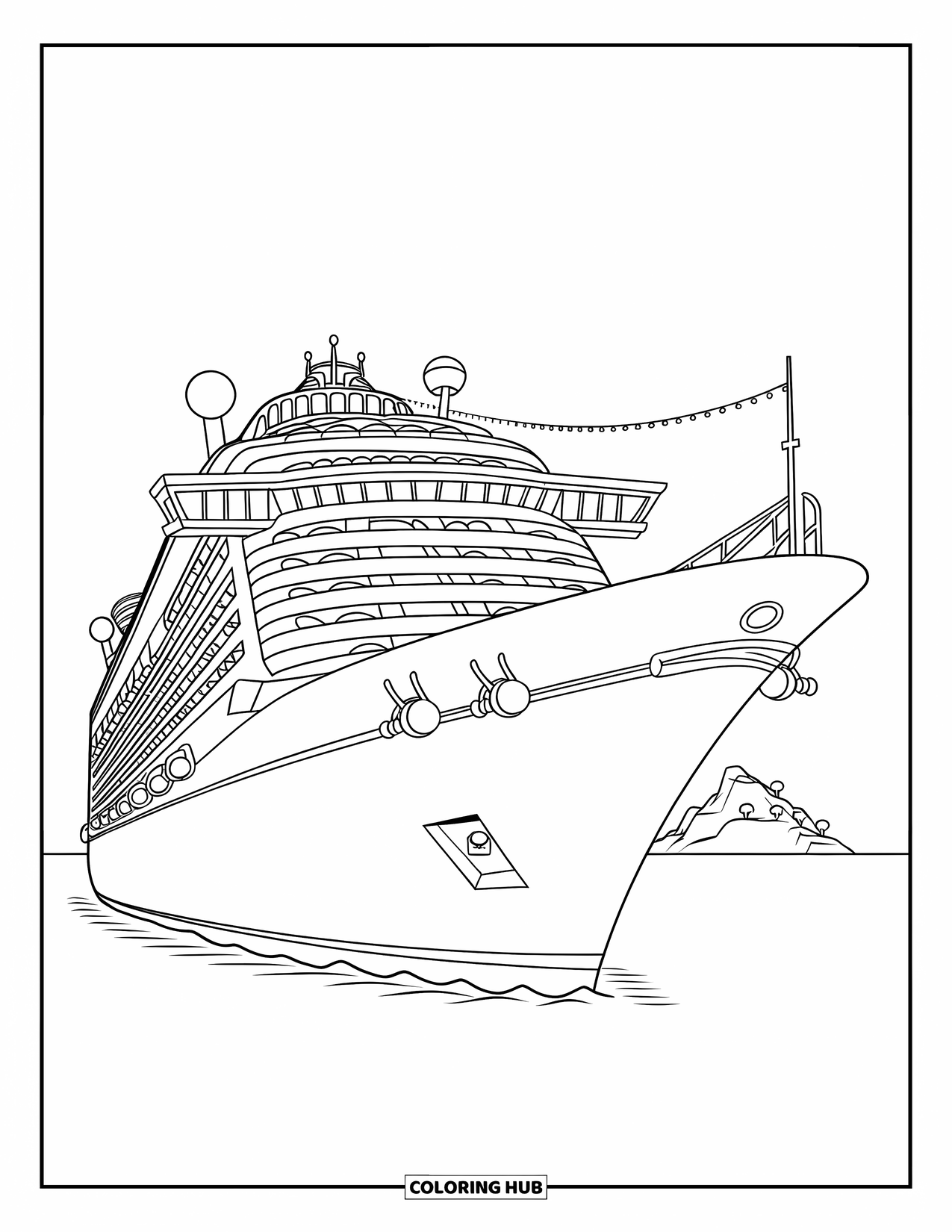 Ship Coloring Page for Kids: A cruise liner sails across the sea toward a distant island