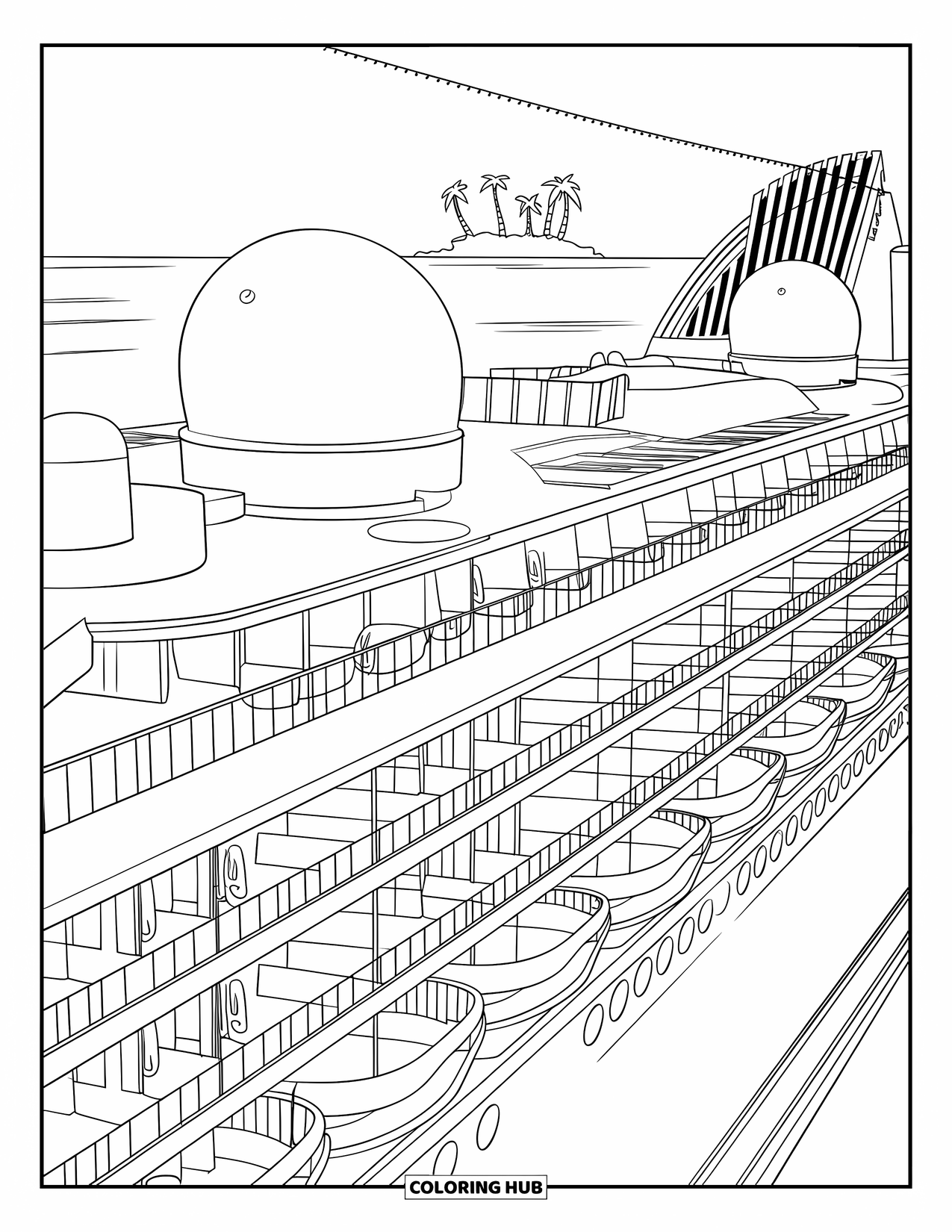 Ship Coloring Page for Kids: A cruise liner with balconies and domes heads toward a tropical island